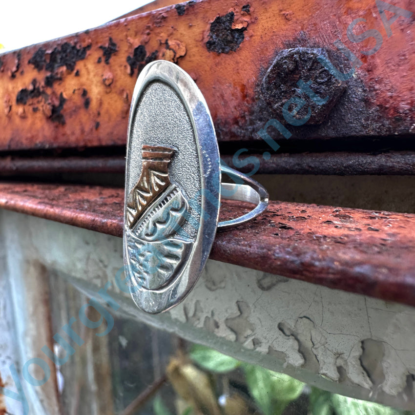 Vintage Navajo Pot Themed Ring - Sterling Silver & Gold Jewelry for Women - Handmade Native American Style Ring - Perfect for Boho Fashion, Western Wear & Cultural Events