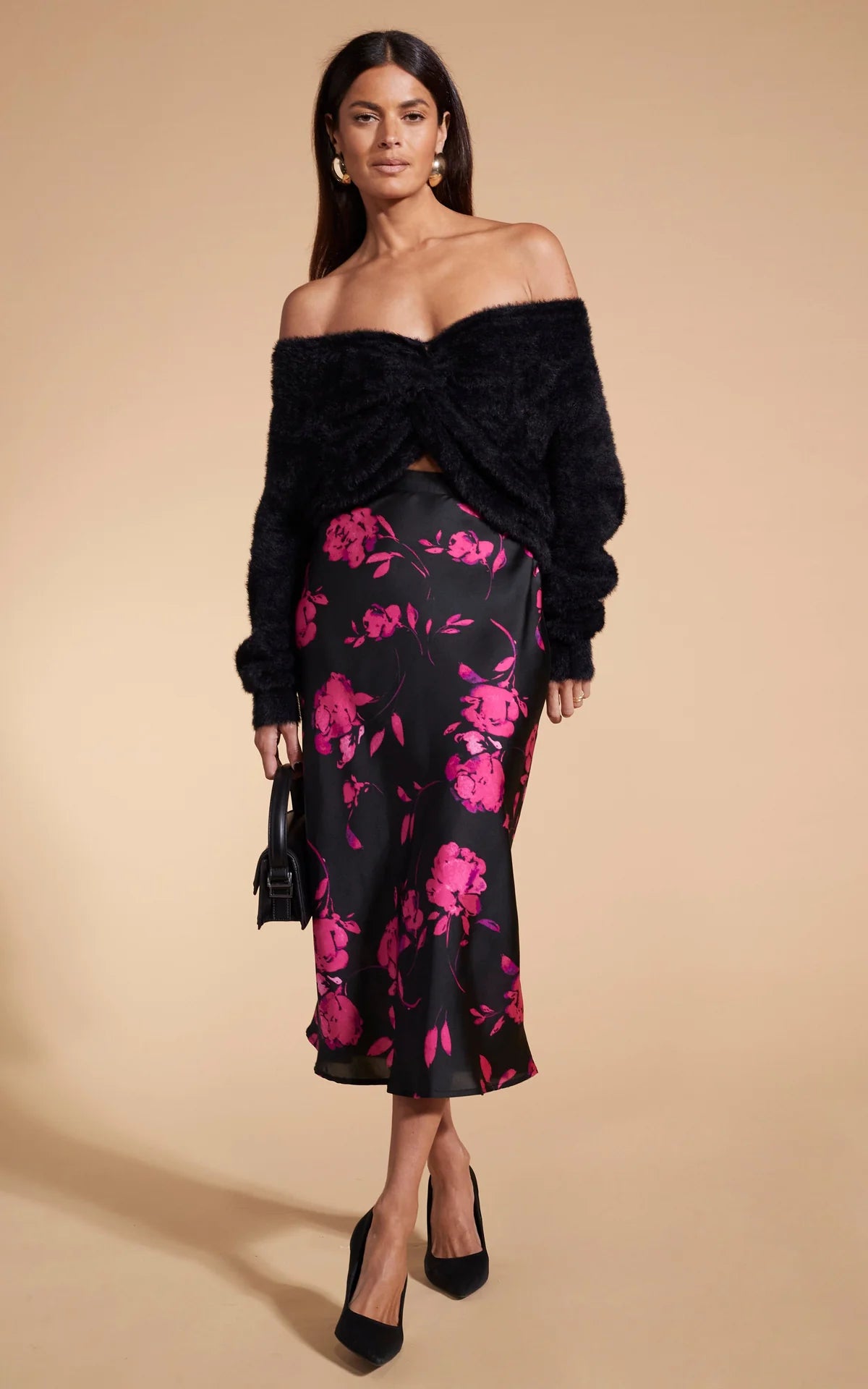 Lotus Floral Print Skirt - Pink on Black A-Line Skirt for Women | Perfect for Summer Outfits, Beach Vacations & Boho Fashion