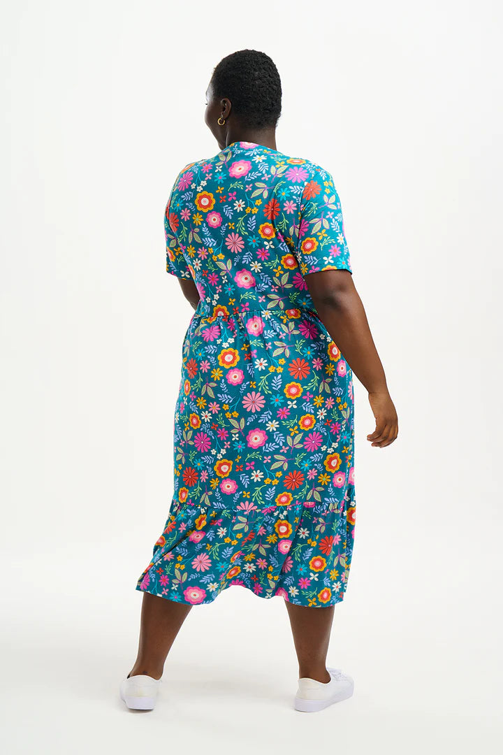 Heather Jersey Midi Smock Dress - Floral Print Teal Blue Boho Style Summer Dress for Women | Perfect for Beach Vacation, Brunch Dates & Casual Outings