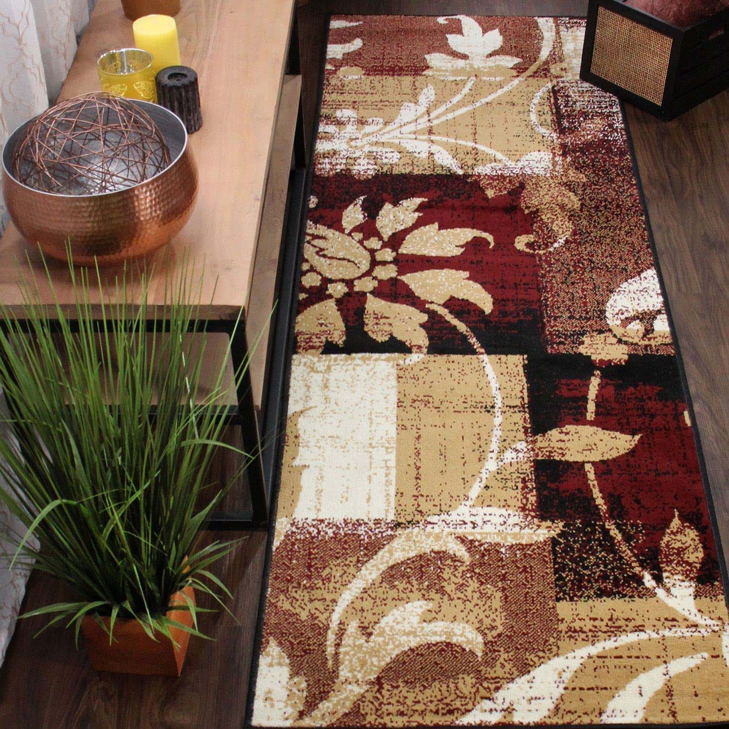 Stylish Pastiche Contemporary Floral Patchwork Area Rug - Non-Slip Indoor Runner for Living Room, Bedroom & Hallway Decor