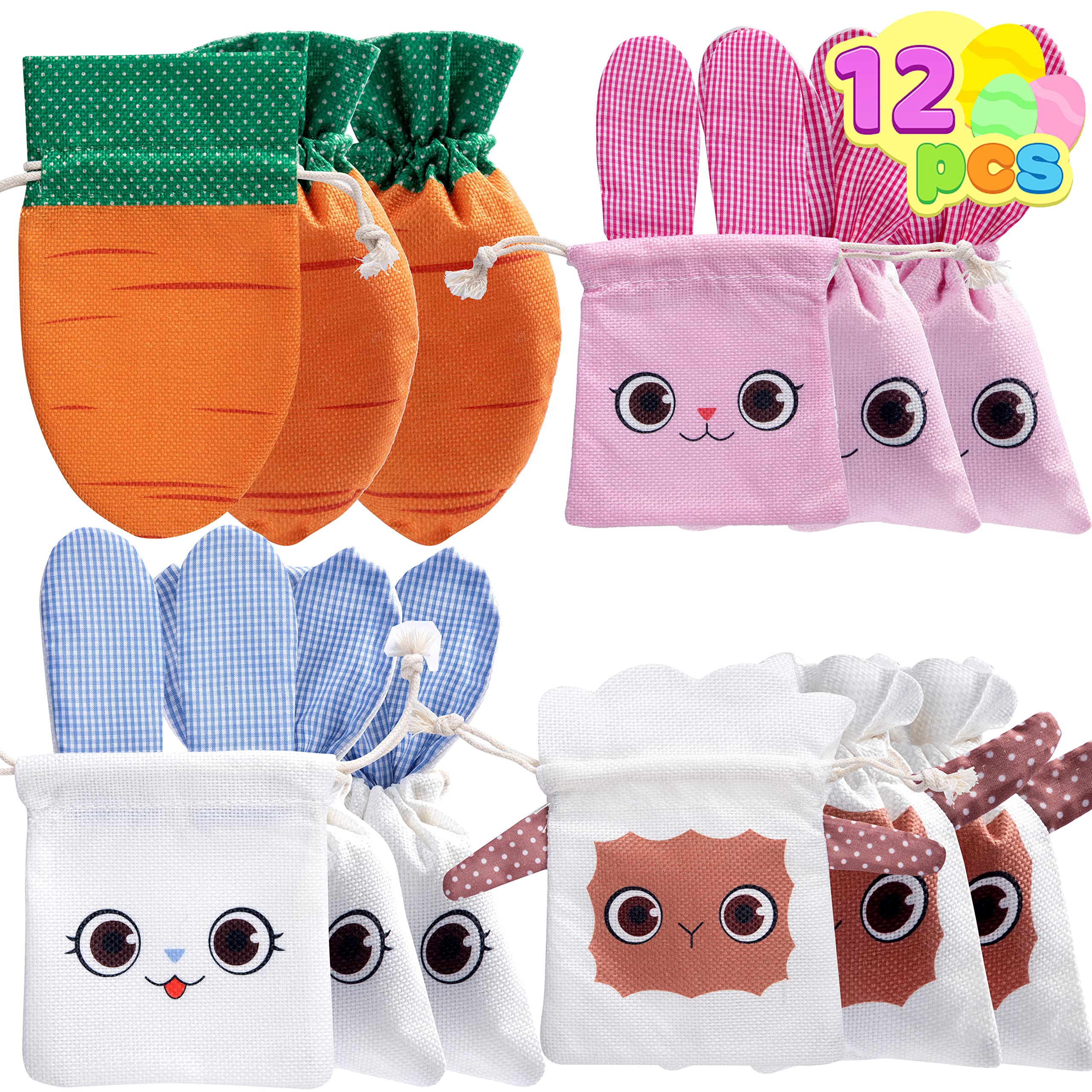 12 Pack Easter Canvas Gift Bags - Bunny, Carrot & Rabbit Drawstring Tote Bags for Kids Easter Party Favors, Easter Egg Hunt & Basket Stuffers | Cute Easter Treat Bags for Candy, Gifts & Decorations (Perfect for Classroom Parties, Easter Celebrations & Spring Festivals)