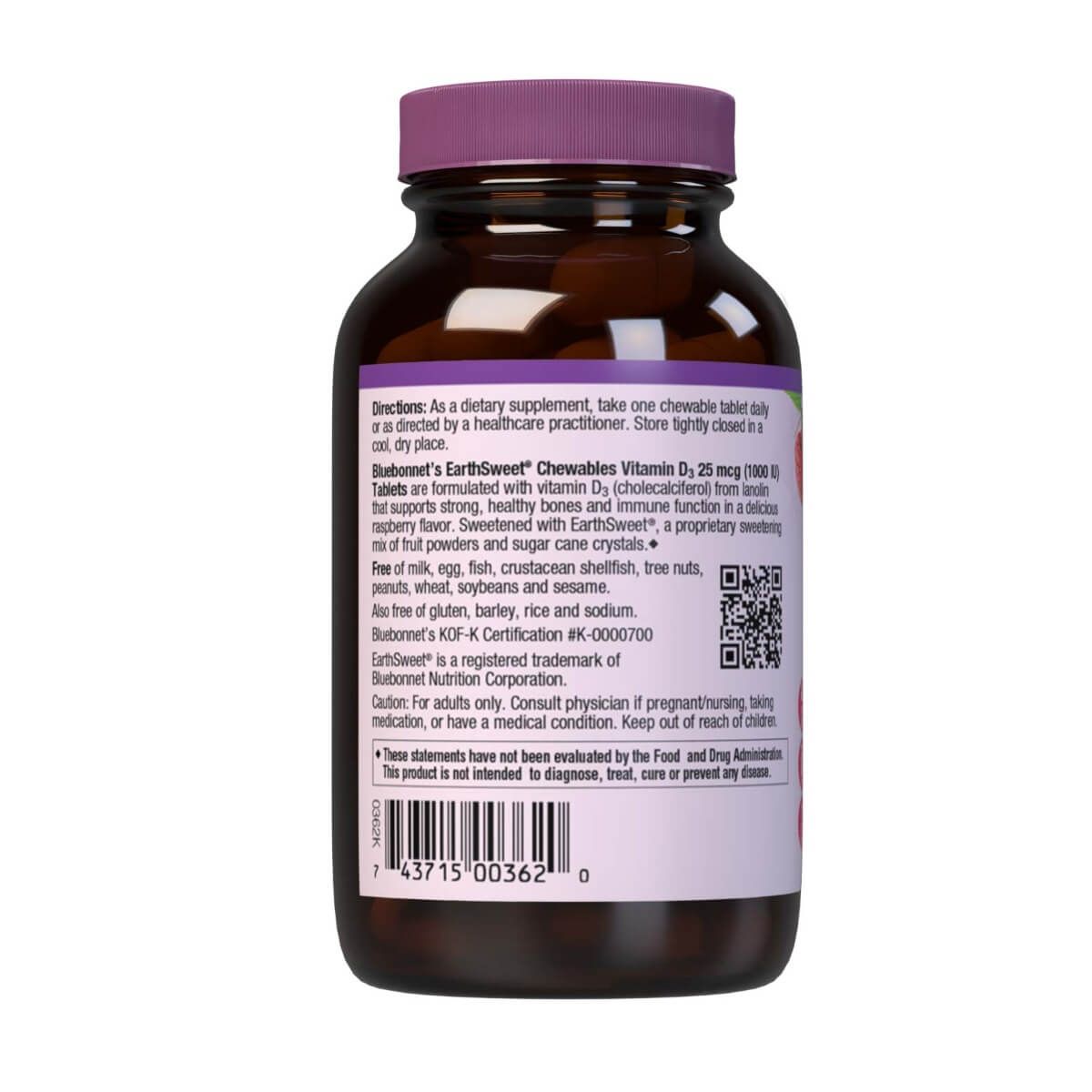 Bluebonnet Earthsweet Chewable Vitamin D3 1000 IU 90 Raspberry Flavored Tablets - Supports Bone & Immune Health - Great for Kids & Adults Daily Supplement