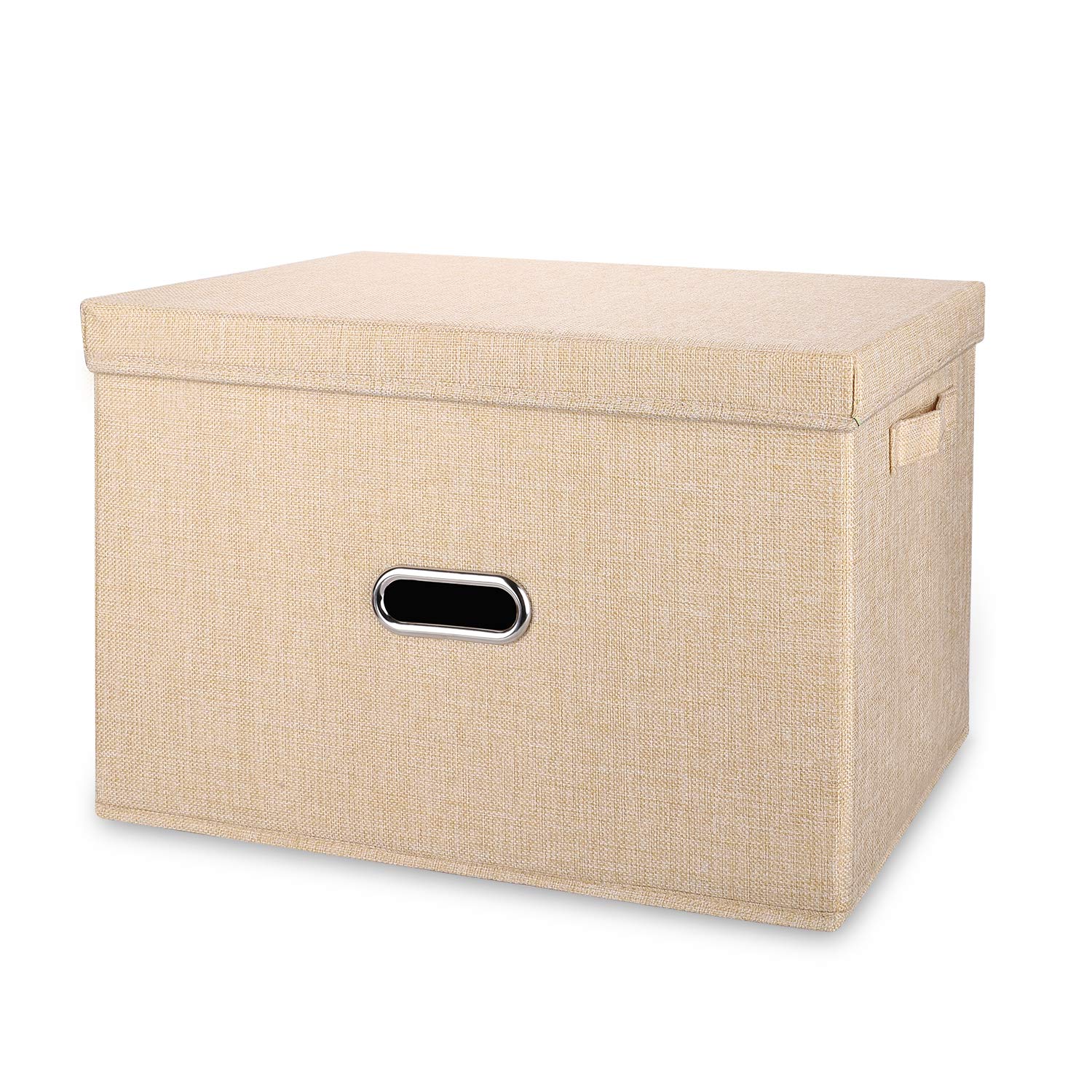 Large Collapsible Linen Storage Bins with Removable Lids & Handles - Washable Fabric Storage Box Organizer for Bedroom, Closet, Office, Nursery - Space Saving Home Organization Solution (Khaki, Large) - Perfect for Seasonal Clothes, Toys & Blanket Storage