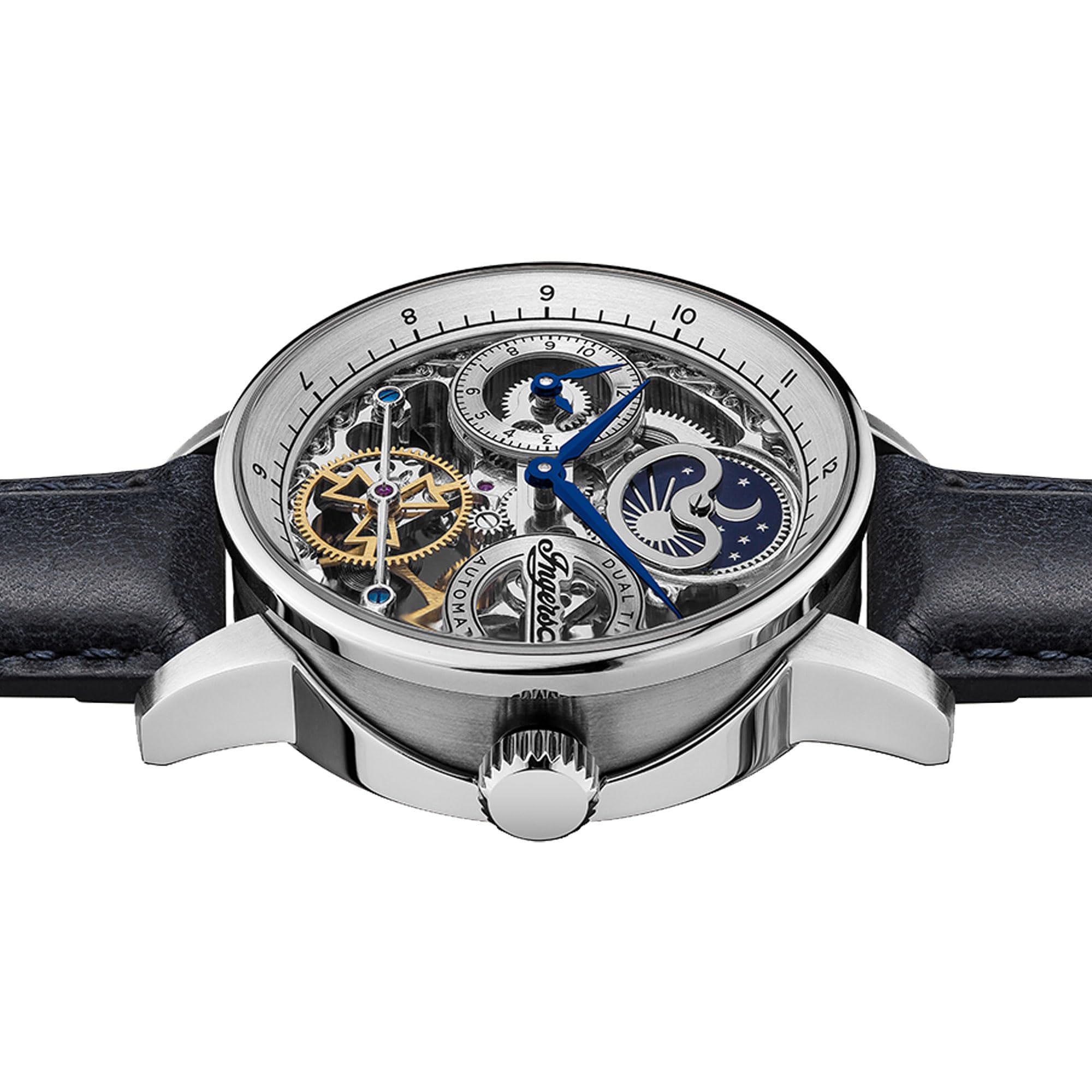 Ingersoll The Jazz Men's 42mm Automatic Moonphase Watch - Silver Skeleton Dial & Genuine Blue Leather Strap I07702 - Perfect for Formal Events, Business Meetings & Luxury Gift Giving