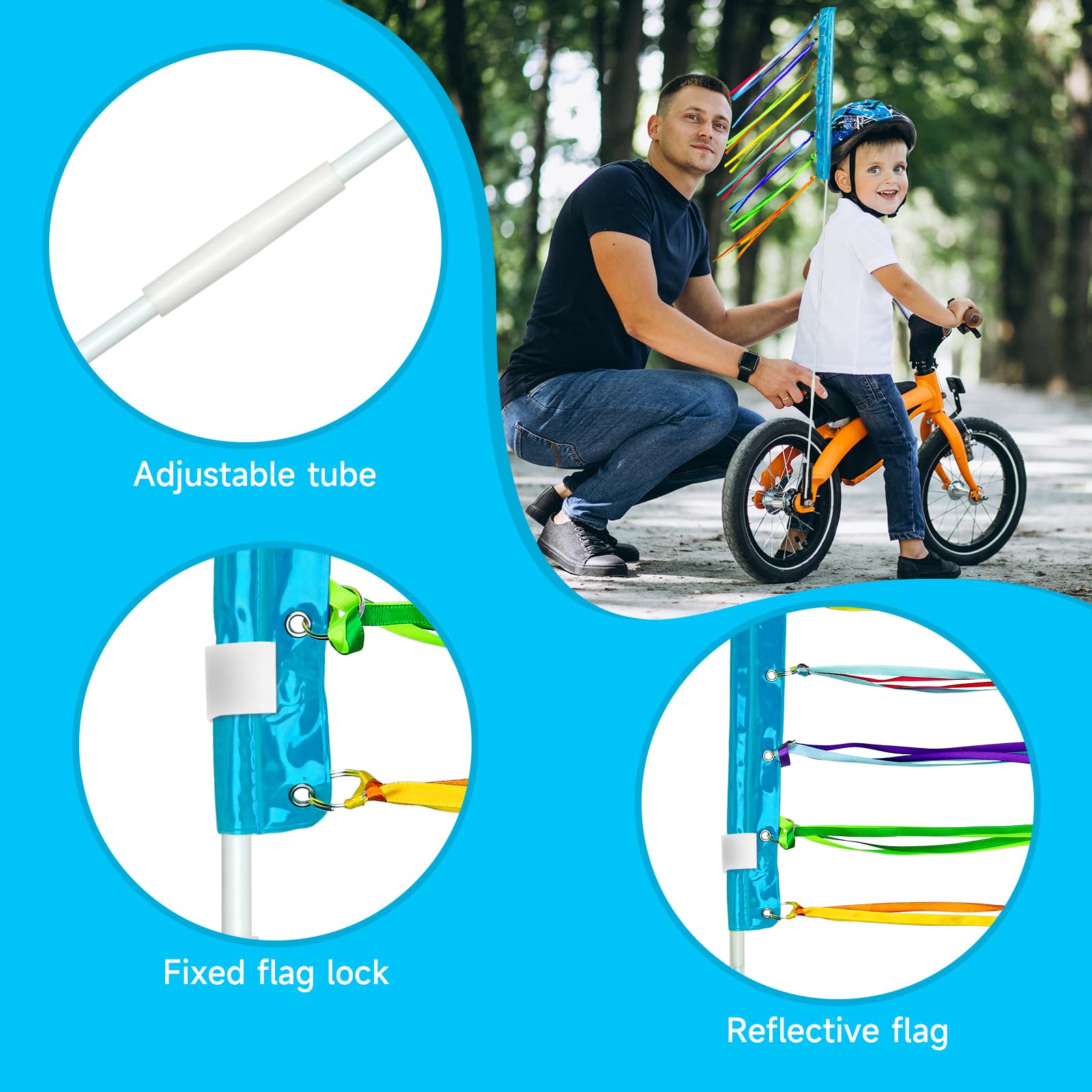 2 Pack 6 ft Bike Safety Flags with Pole - High Visibility Blue Reflective Warning Flags for Bicycles, Go Karts, Trikes, Dirt Bikes & Mobility Scooters | Telescopic Mount, Waterproof Design for Road Safety, Kayaking & Outdoor Activities