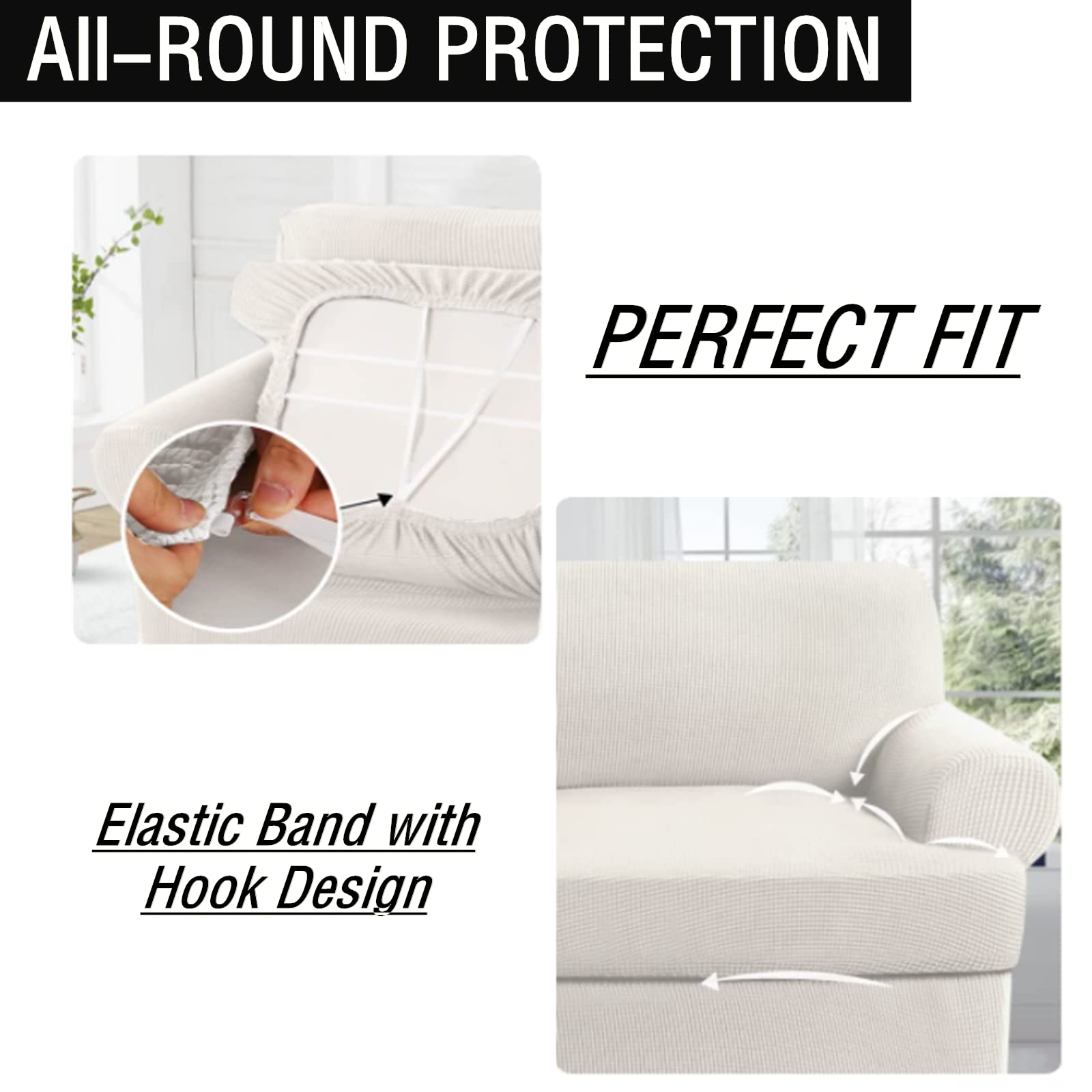 3 Piece T-Cushion Sofa Slipcovers - Thick Stretchable Couch Cover Furniture Protector for 2-Cushion Loveseat with Washable Removable Covers (White) - Perfect for Living Room, Apartment & Home Decor Protection