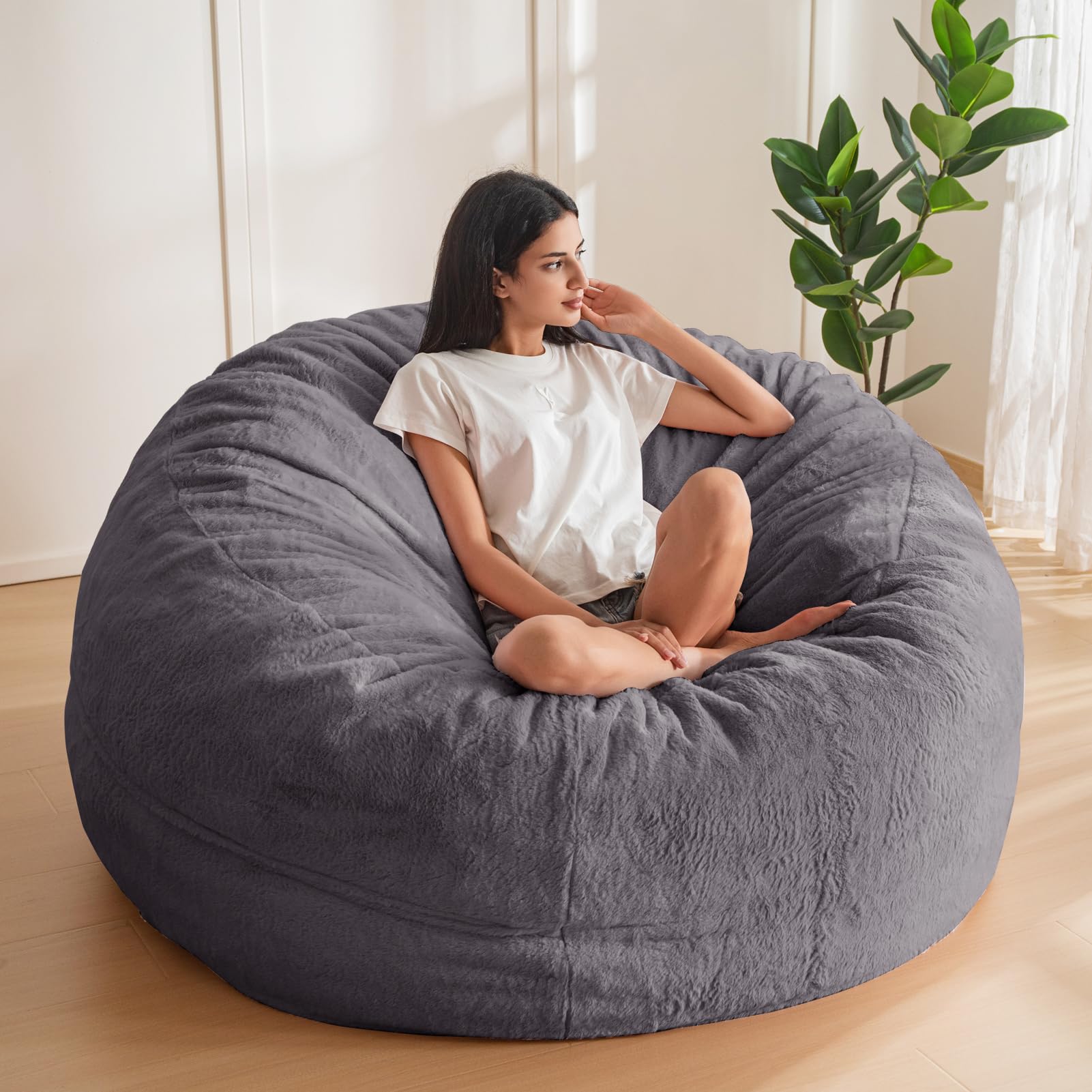 MAXYOYO Large Bean Bag Chair for Adults - Ultra Soft Fur Lazy Sofa with Comfortable Foam Filling for Living Room & Bedroom - Dark Grey - Perfect for Relaxing, Gaming, Reading & Lounging