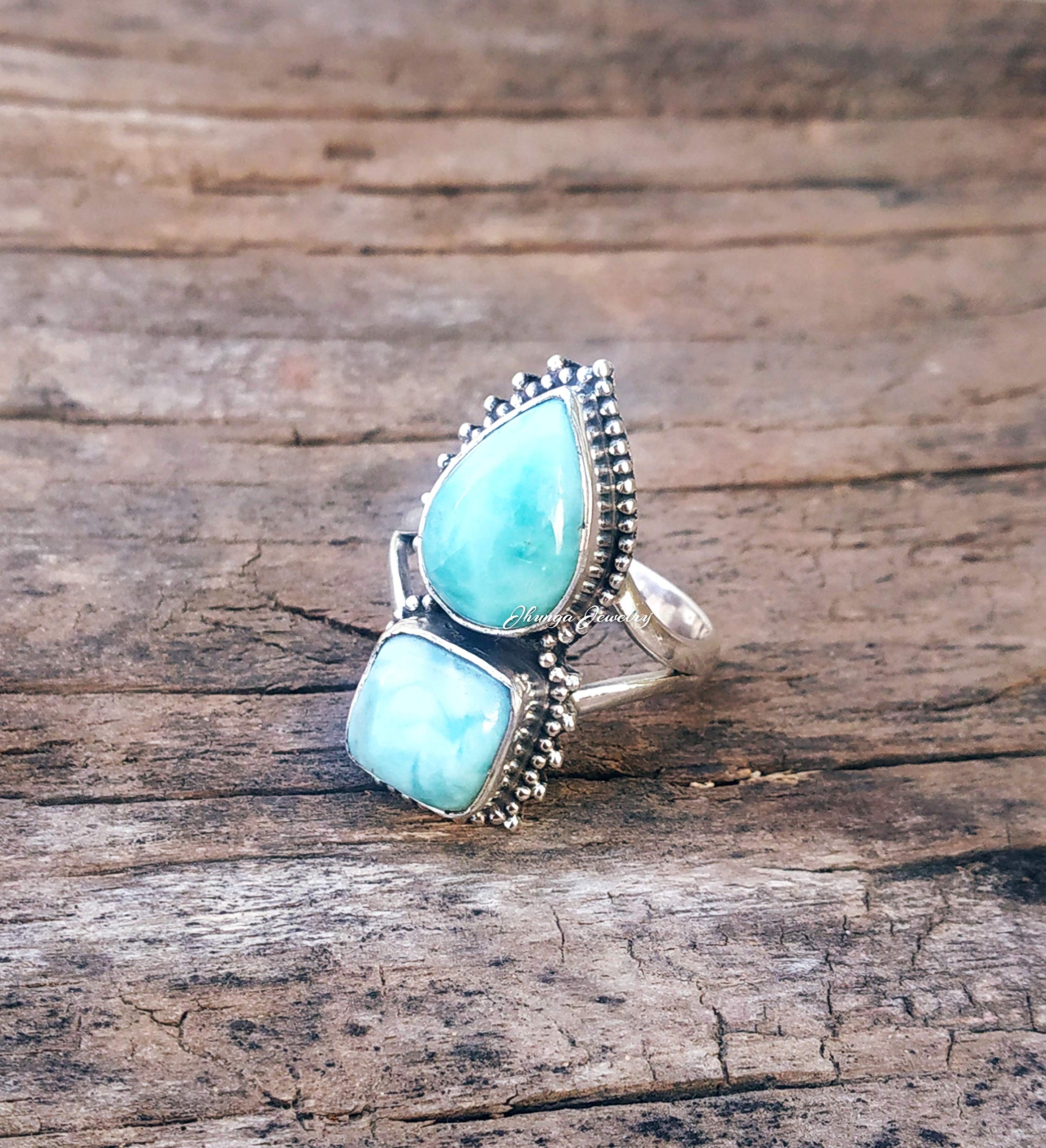 Larimar Ring Sterling Silver - Dominican Republic Stone Jewelry, Boho Vintage Style Promise Ring for Women, Unique Anniversary & Valentine's Day Gift - Perfect for Beach Weddings, Date Nights & Spiritual Healing