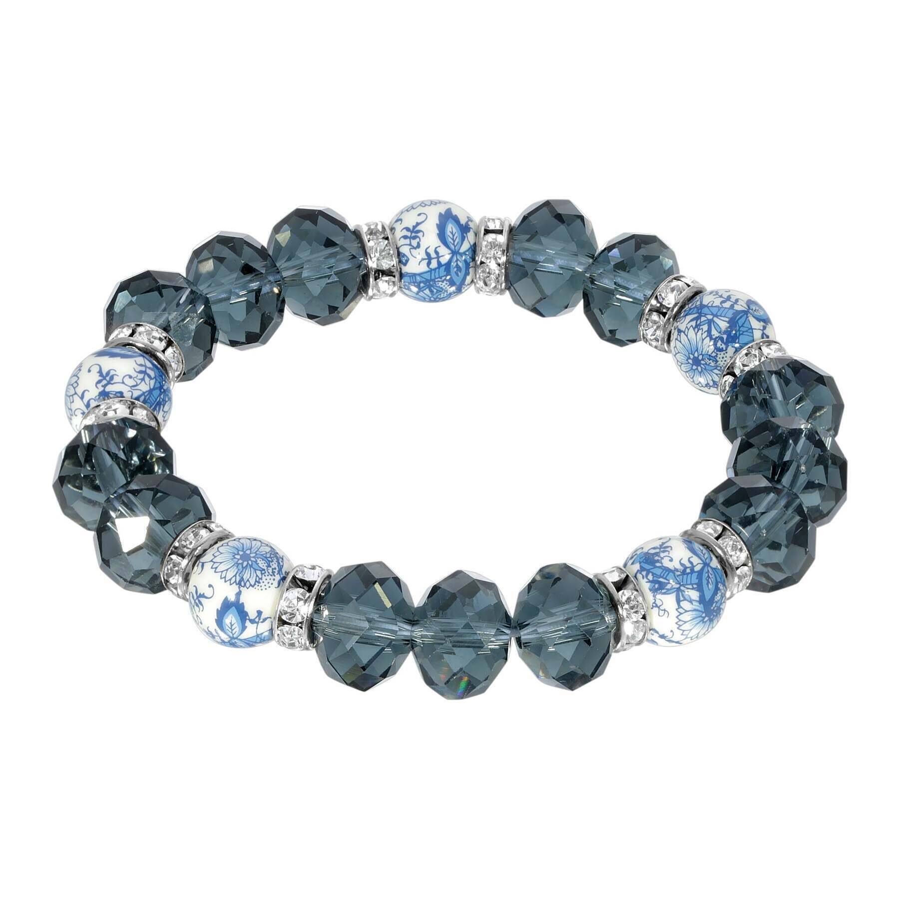 1928 Jewelry Blue Willow Dark Blue Beaded Stretch Bracelet - Vintage Inspired Beaded Bracelet for Women, Perfect for Casual Wear, Parties and Gift Giving