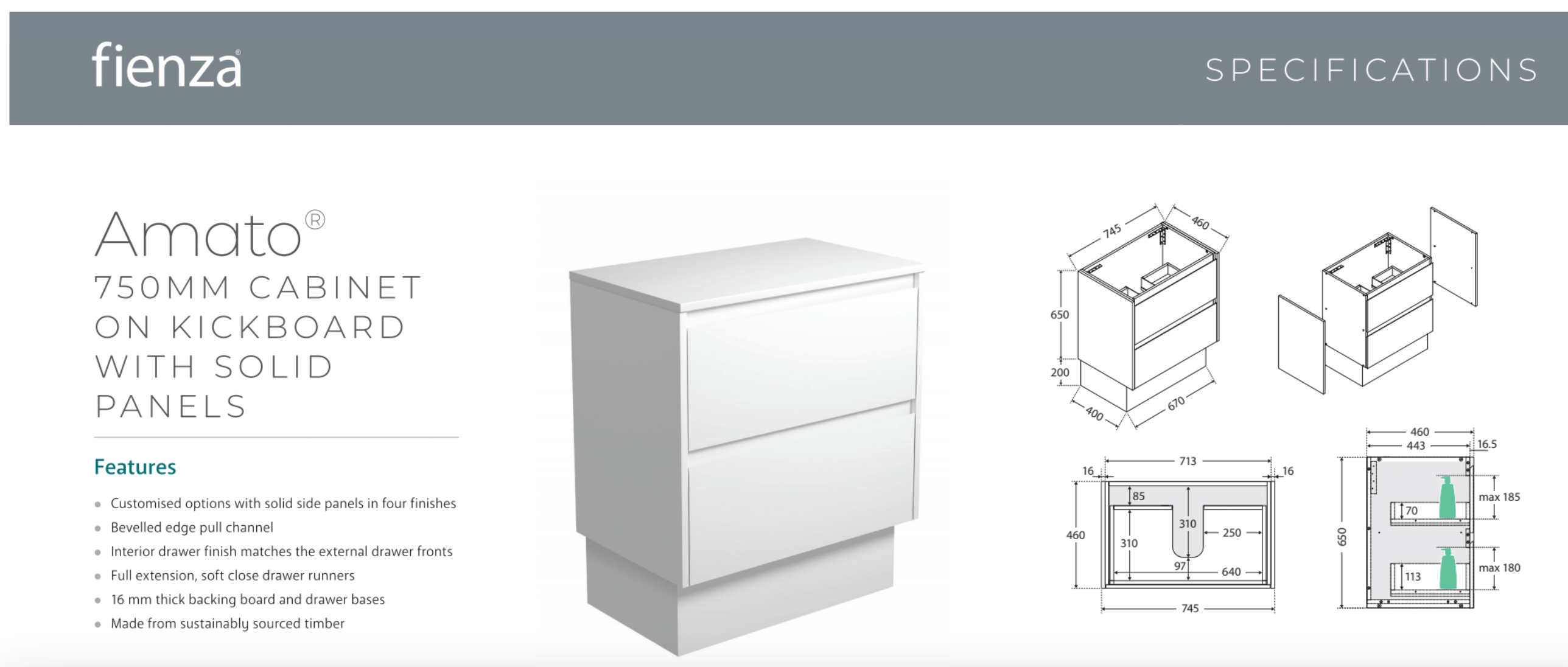 Fienza VAN75BWBK Vanessa Amato 750 Satin White Vanity with Satin Black Panels - Modern Bathroom Vanity Set for Home Remodeling & Luxury Bathroom Decor