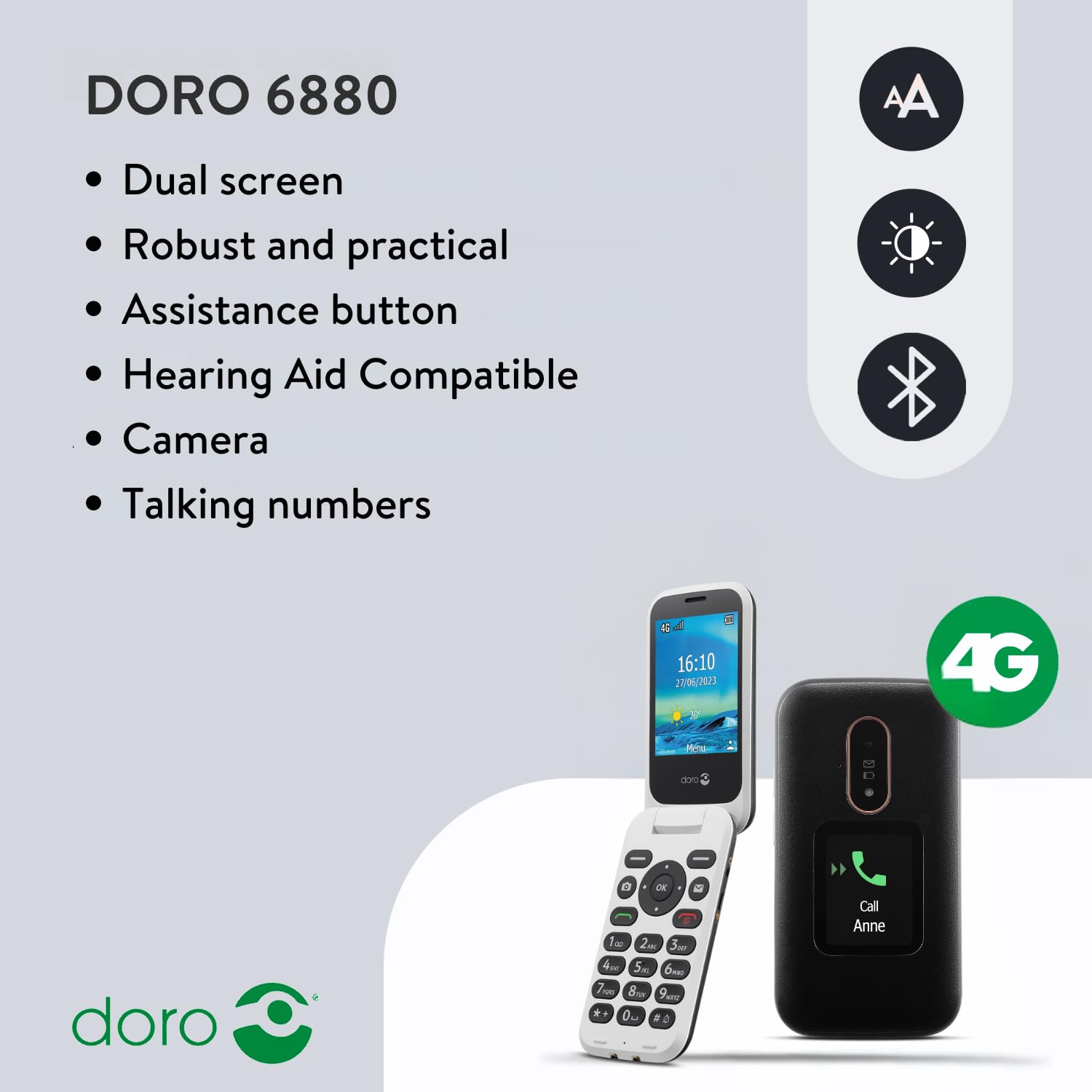 Doro 6880 4G Unlocked Flip Phone for Seniors - Easy-to-Use Senior Cell Phone with Talking Number Keys, Large External Display, Emergency SOS Button & Charging Dock | Perfect for Elderly Parents & Grandparents | UK/Irish Version
