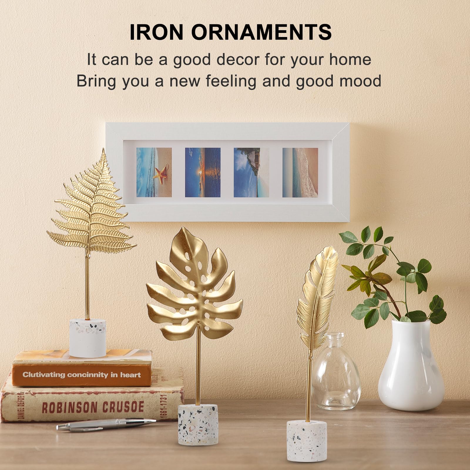 IMIKEYA 4pcs Gold Leaf Sculpture Statue Set with Metal Base - Elegant Home & Office Desktop Decor - Perfect for Living Room, Bookshelf, or Gift Giving