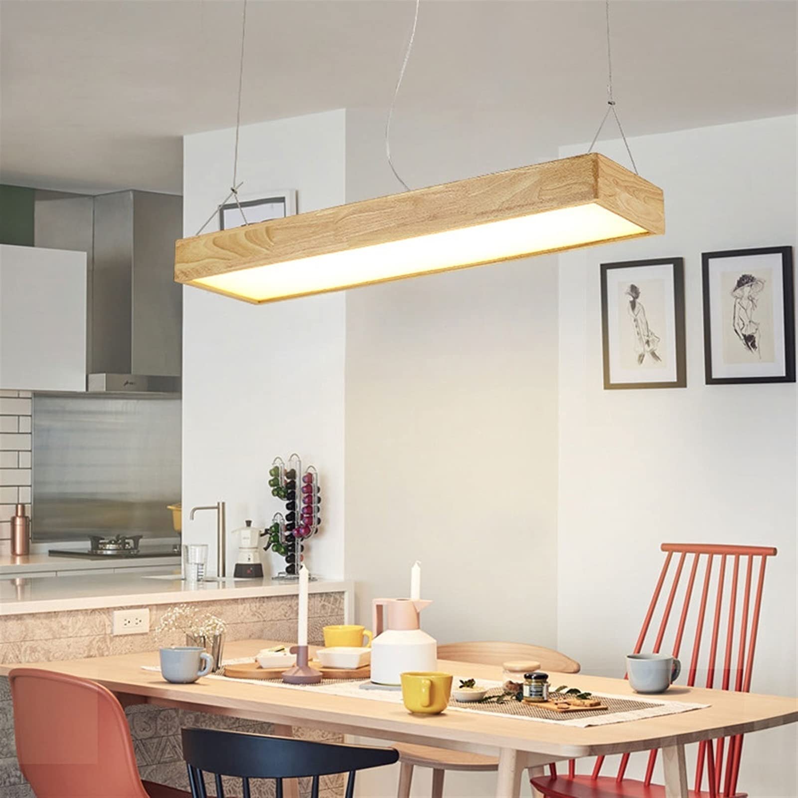Baska 18W LED Pendant Light - Modern Wooden Hanging Chandelier with Acrylic Shade for Kitchen Island, Dining Room & Living Room | Energy-Efficient Ceiling Lamp for Home Decor & Ambient Lighting