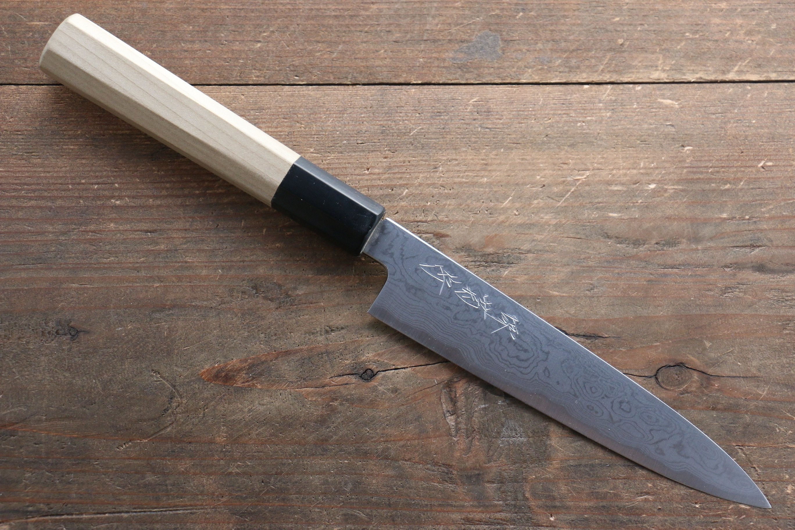 Premium Kikumori Blue Steel No.1 Damascus Petty Knife 150mm - Japanese Magnolia Wood Handle - Perfect for Slicing, Peeling & Precision Kitchen Tasks - Ideal for Chefs & Home Cooks