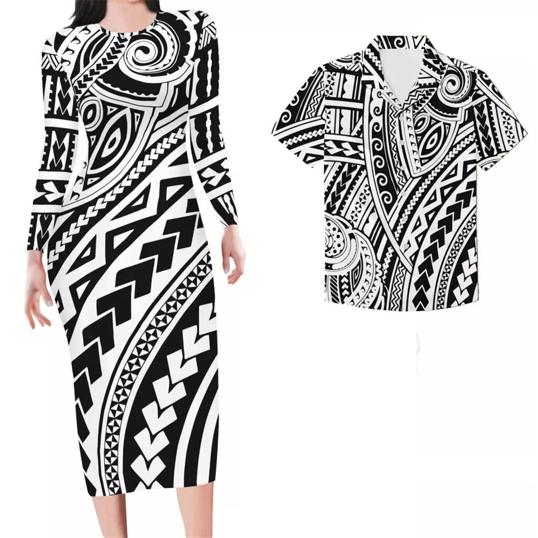 Women's Long Sleeve Polynesian Striped Print Maxi Dress - Boho Beach Cover Up, Summer Vacation Outfit, Couple Matching Dress for Date Night & Tropical Getaways
