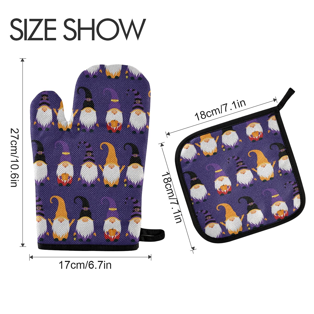 Halloween Gnomes Pattern Oven Mitts and Pot Holders Set - 2-Piece Non-Slip Heat Resistant Kitchen Gloves for Baking, Cooking, BBQ - Fall Pumpkin Decor for Home & Kitchen Use