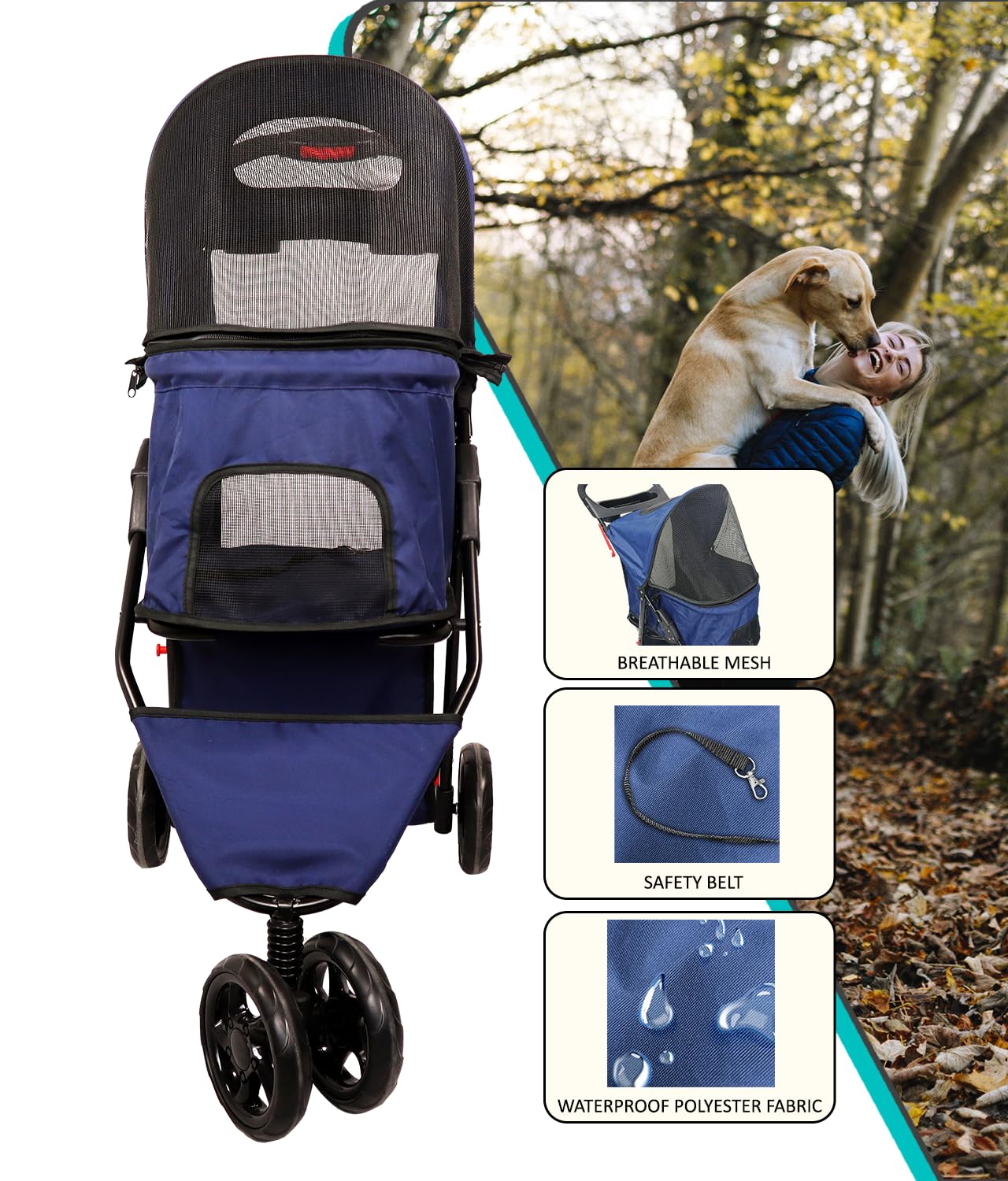AmorosO Pet Stroller for Small Dogs & Cats - Lightweight Foldable Pet Carrier with Storage Basket | Perfect for Walking, Travel, Vet Visits & Outdoor Adventures | Blue Pet Stroller for Indoor & Outdoor Use