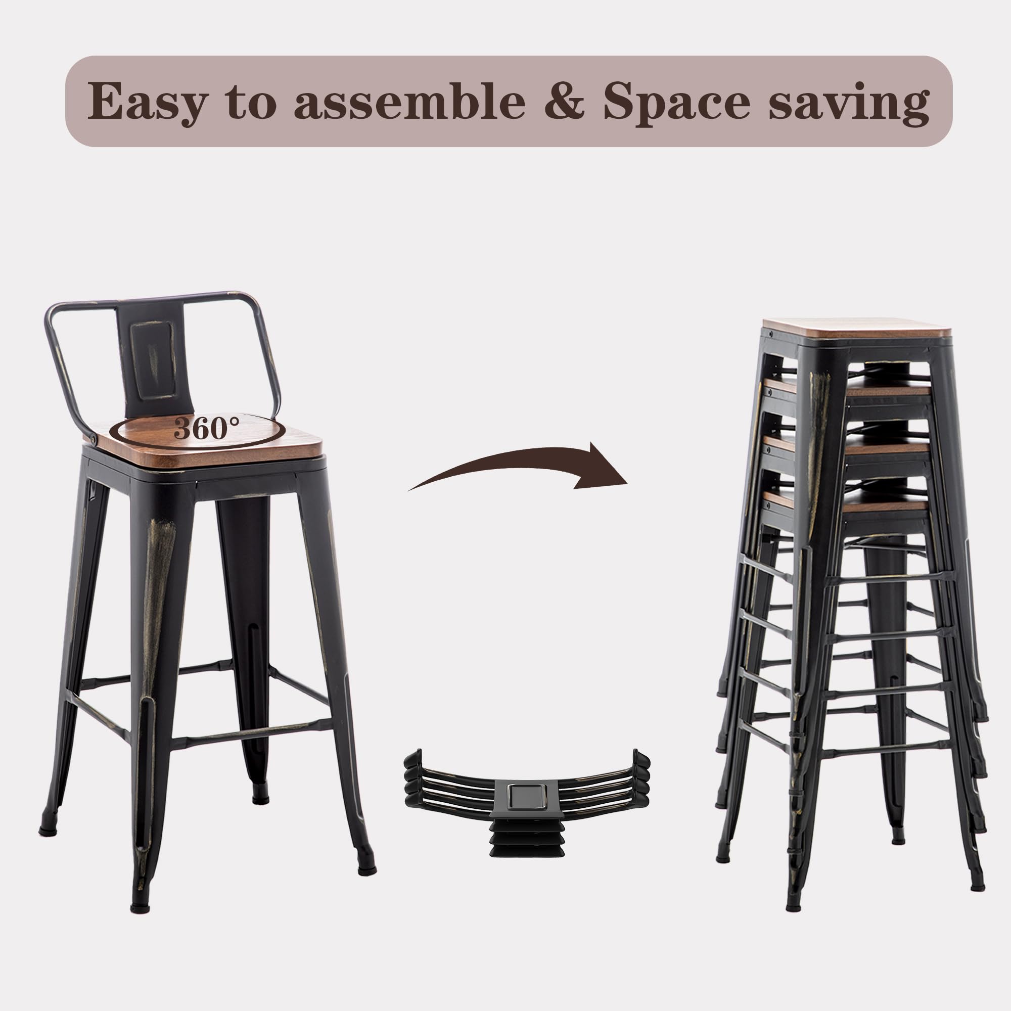 26 Inch Bar Stools Set of 4 - Counter Height Swivel Bar Chairs with Gold Finish & Back Support - Modern Kitchen Stools for Breakfast Nook, Home Bar & Dining Counter - Black Metal Barstools