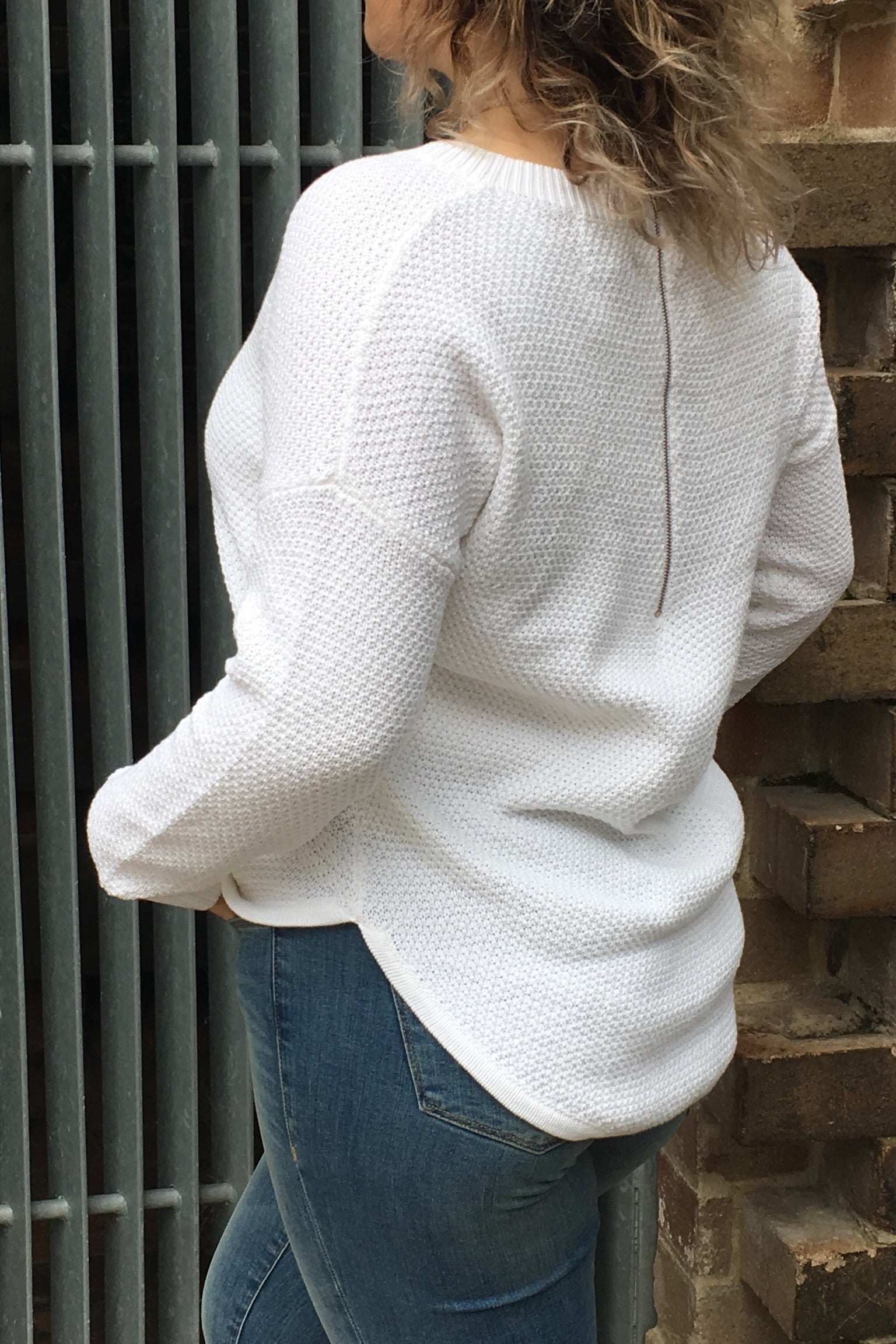 Cozy Winter White Zip Back Cotton Knit Jumper - Women's Casual Pullover Sweater for Fall & Winter Fashion, Office Wear & Weekend Outfits