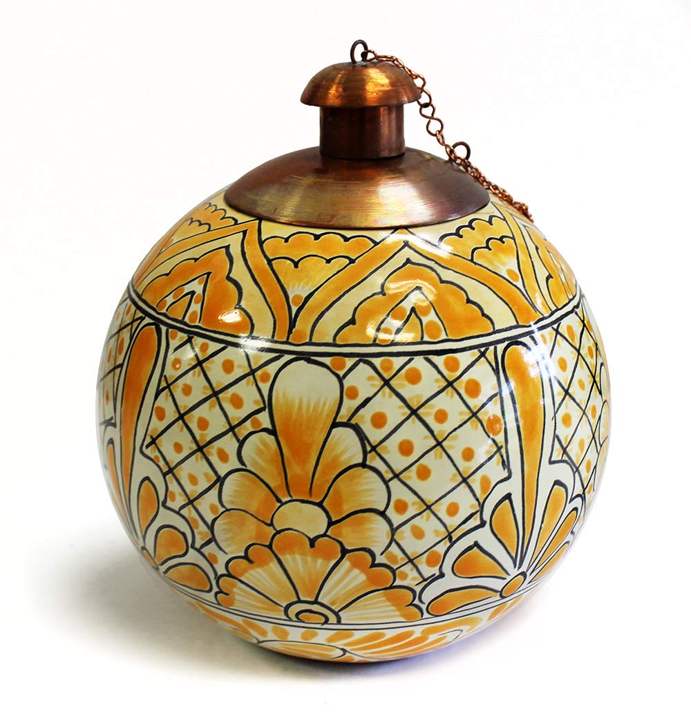 Hand Painted Mexican Ceramic Table Torch - Yellow Monochrome Decorative Candle Holder for Patio, Garden & Outdoor Dining