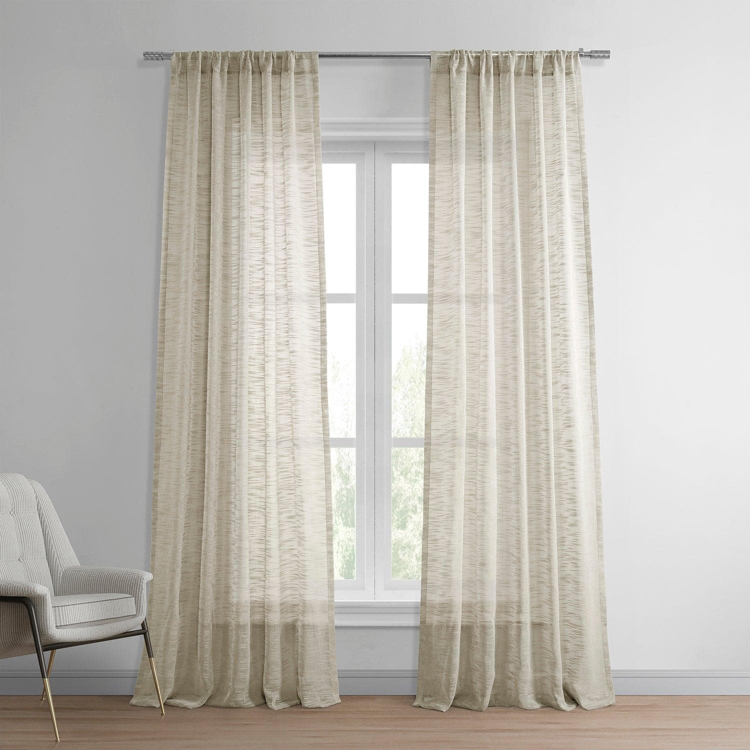 Camel Tan Faux Linen Sheer Curtains - 2 Panels Set for Living Room & Bedroom - Light Filtering Window Drapes for Home Decor