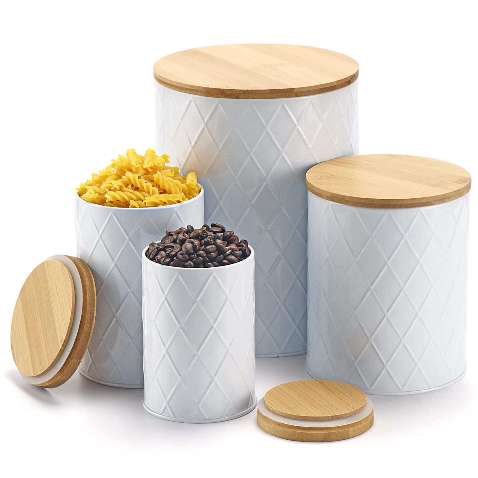 Farmhouse Style White Kitchen Canisters Set with Wooden Lids - Airtight 4-Pack for Sugar, Flour, Coffee & Cookie Storage - Perfect for Countertop Organization and Rustic Home Decor