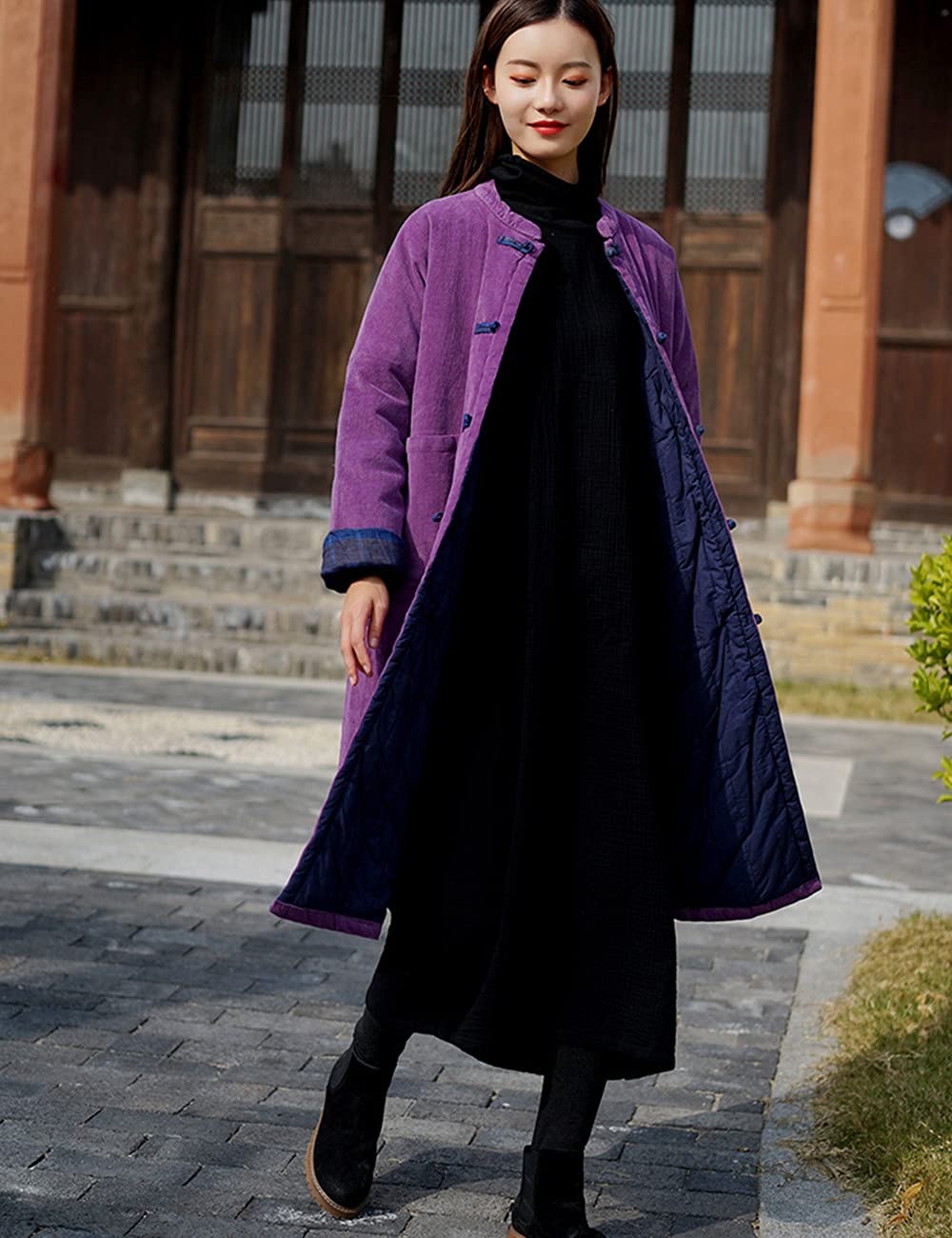 NFYM Women's Long Winter Coat - Thick Warm Corduroy Padded Jacket with Stand Collar | Chinese Tang Style Outerwear for Cold Weather | Perfect for Daily Wear, Office, and Special Occasions