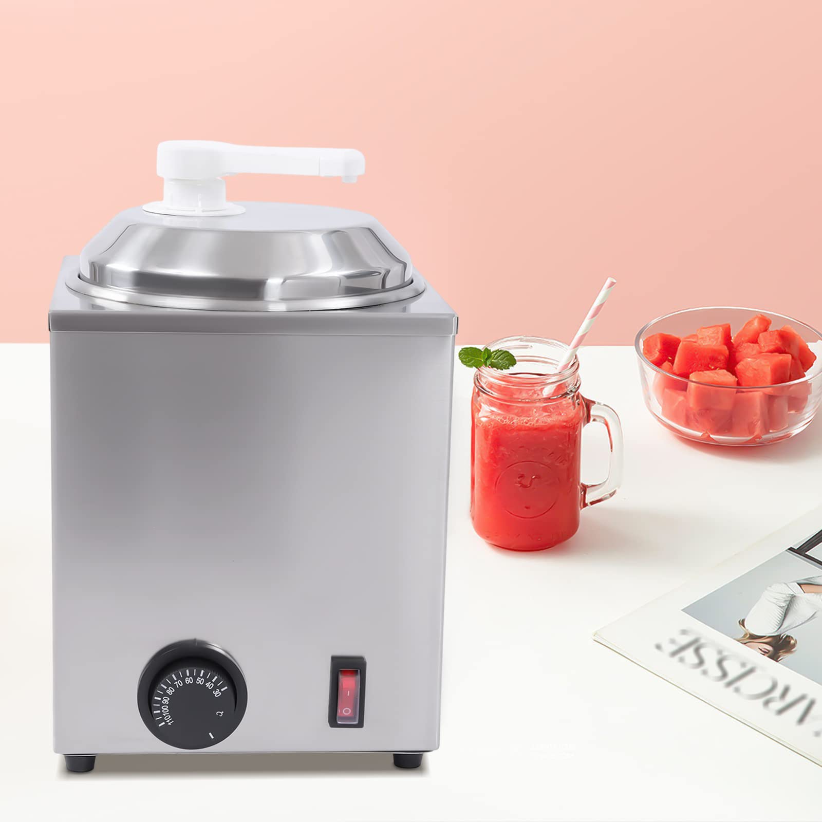 650W Commercial Hot Fudge Warmer with Pump - 2.4Qt Stainless Steel Single Head Cheese Warmer Dispenser with Adjustable Temperature Control - Perfect for Hot Fudge, Cheese, Caramel & Chocolate Sauce - Ideal for Restaurants, Cafes & Dessert Shops (Silver)