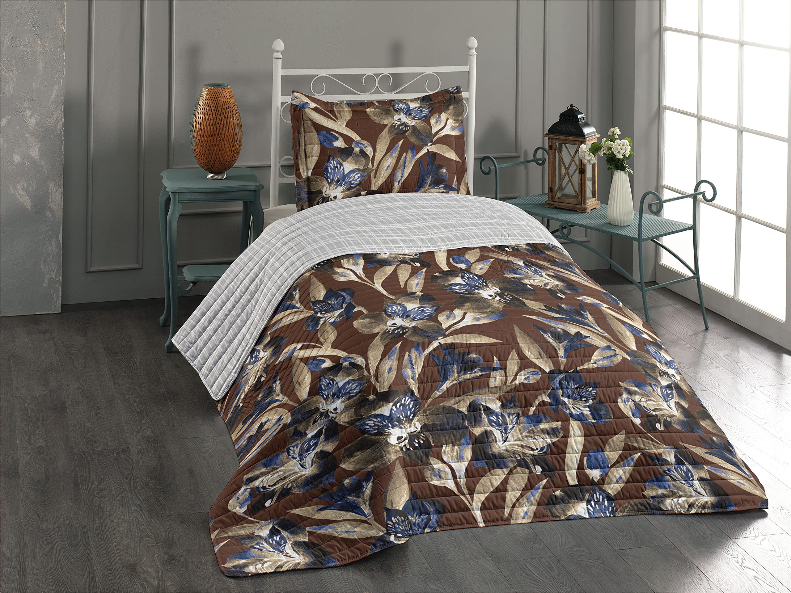 Ambesonne Reversible Tropical Jungle Bedspread Set with Butterfly Print - Twin Size Microfiber Comforter & Pillow Shams in Umber Sepia - Perfect for Boho Bedroom Decor, Guest Room Makeover or Tropical Themed Nursery