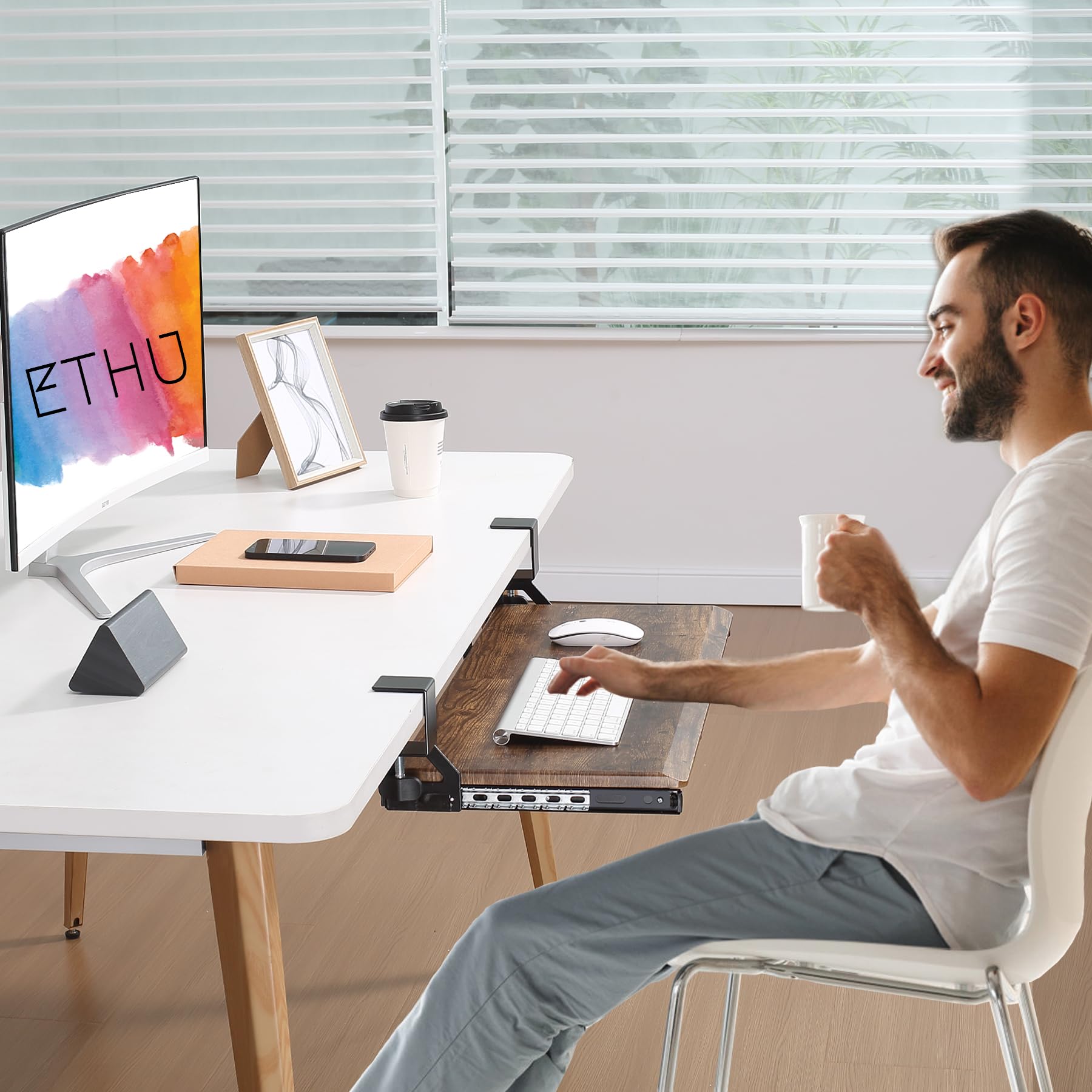 Ergonomic Under Desk Keyboard Tray - Slide-Out Wooden Platform with C-Clamp for Home & Office Workspace