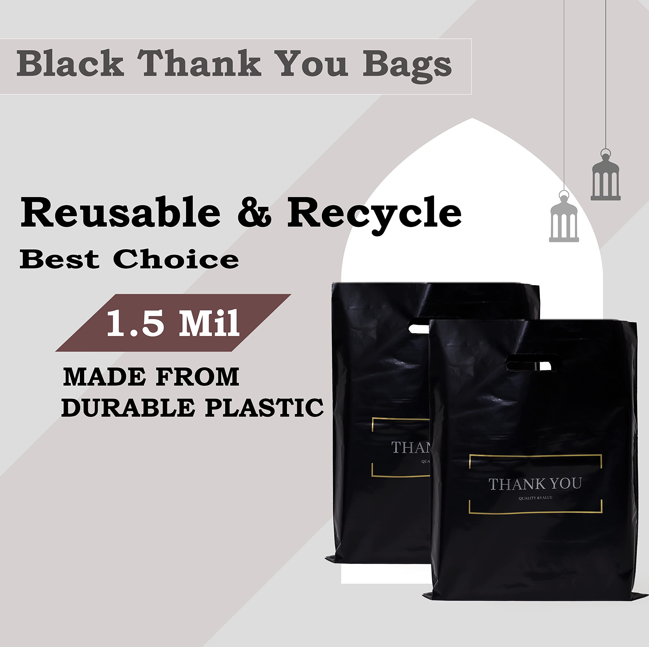 BISC Small Thank You Bags - 9x12 Inch Plastic Retail Bags (65 Pack) - Die Cut Shopping Bags for Boutiques, Stores & Parties - Perfect for Gifts, Favors & Small Purchases - Black