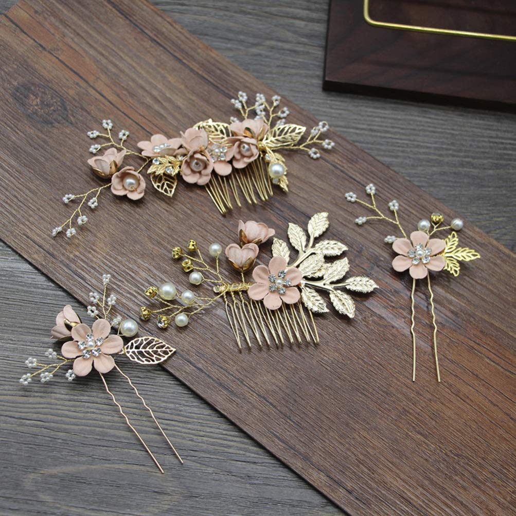 NUOBESTY 4-Piece Rhinestone Crystal Floral Bridal Hair Comb Set - Elegant Wedding Hair Clips & Pins for Brides, Prom, and Formal Events (Pink)