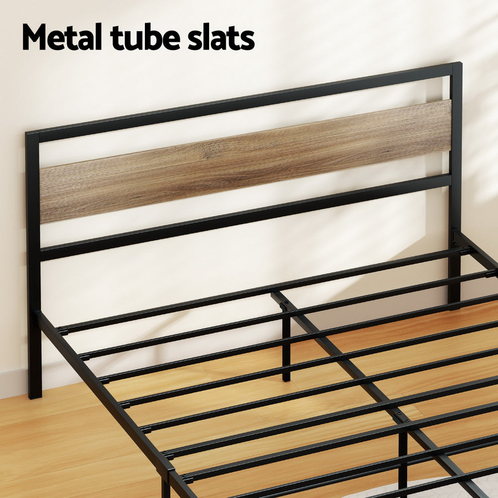 Industrial Style Queen Metal Bed Frame with Wood Accents - Sturdy & Elegant Black Bed Frame for Bedroom, Guest Room, or Dorm