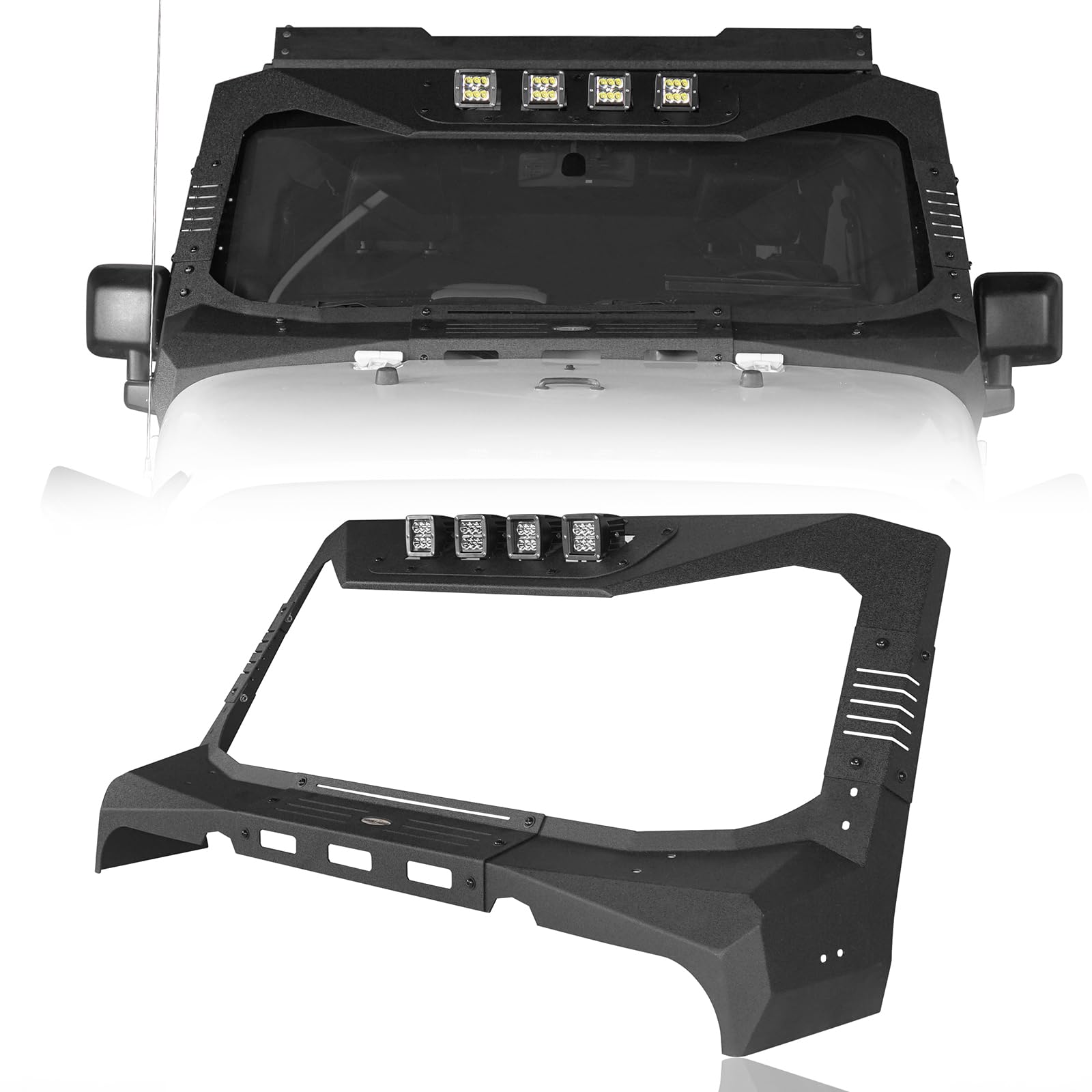 Jeep Wrangler JK Front Bumper Grill & Windshield Frame Cover Visor (2007-2018) - Textured Black with LED Lights | Off-Road Protection & Style Upgrade