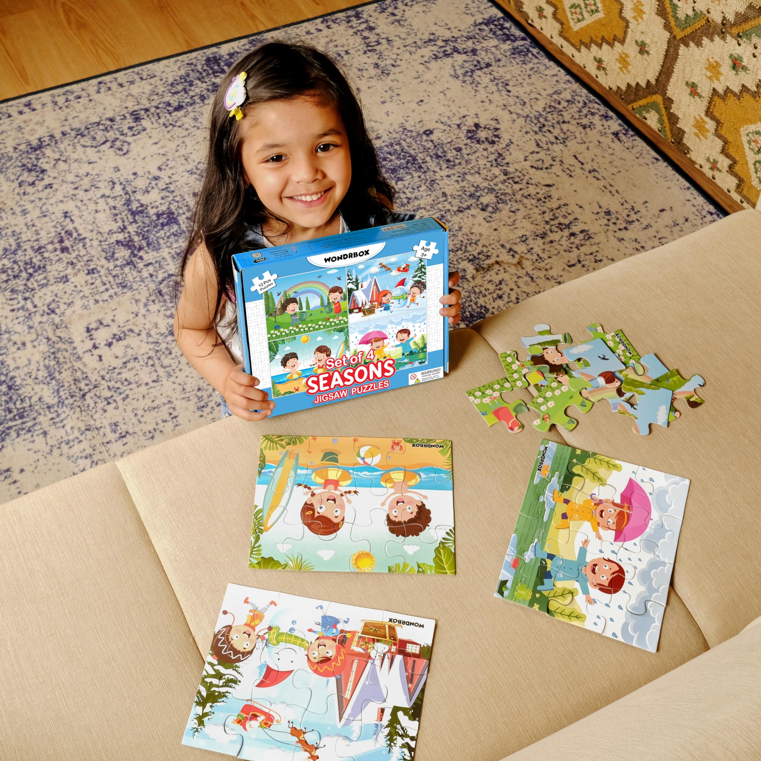 WONDRBOX 12-Piece Seasonal Jigsaw Puzzles for Kids Ages 3-7 | 4 Educational Puzzles in a Box | Learning Toys & Birthday Gifts for Boys & Girls | Perfect for Classroom, Party Favors & Family Game Night