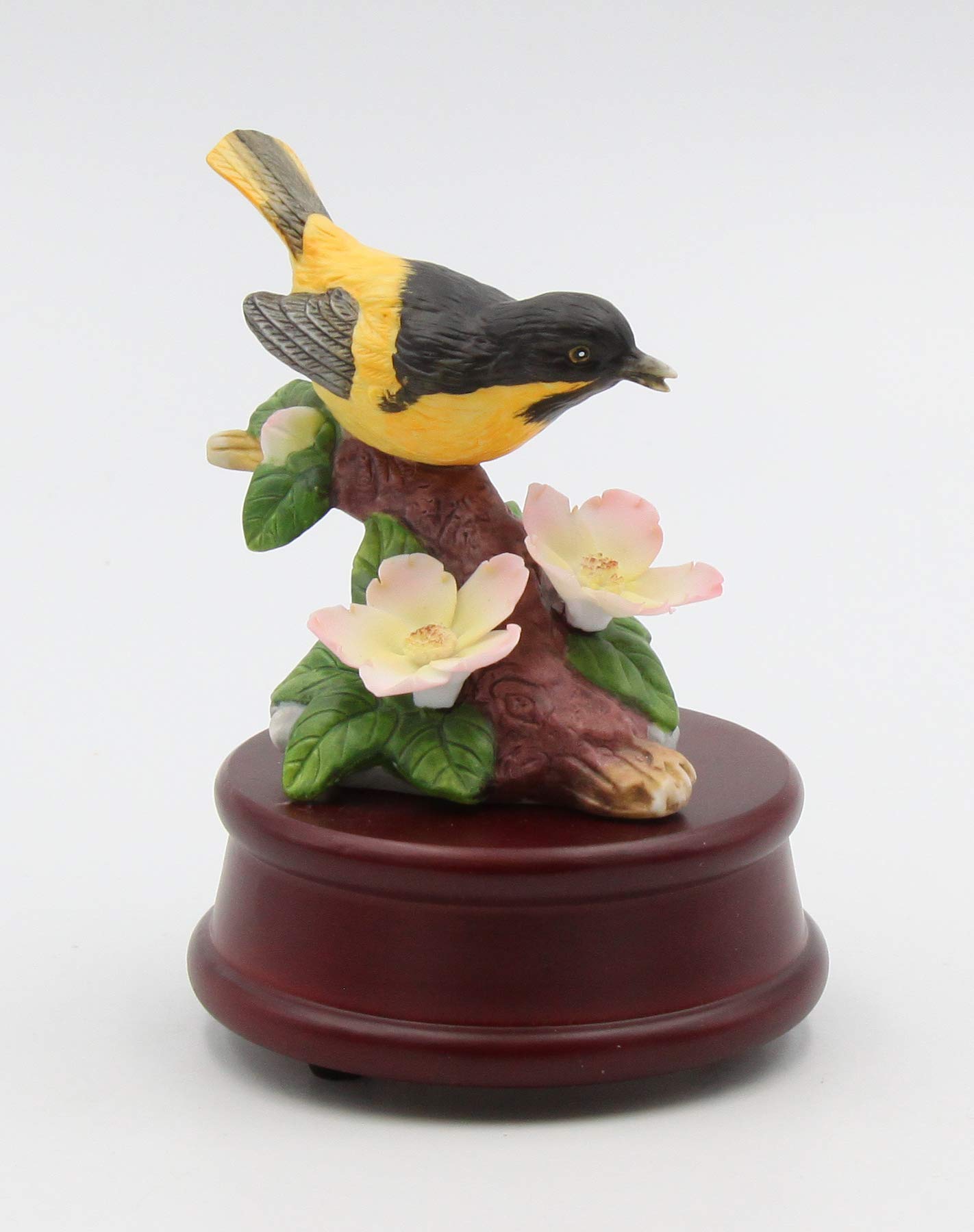 Exquisite Porcelain Oriole Bird Music Box with Apple Blossom Flowers on Wood Base - Plays 'Evergreen' Tune - 5 Inch Height - Perfect for Home Decor, Gift Giving & Collectibles