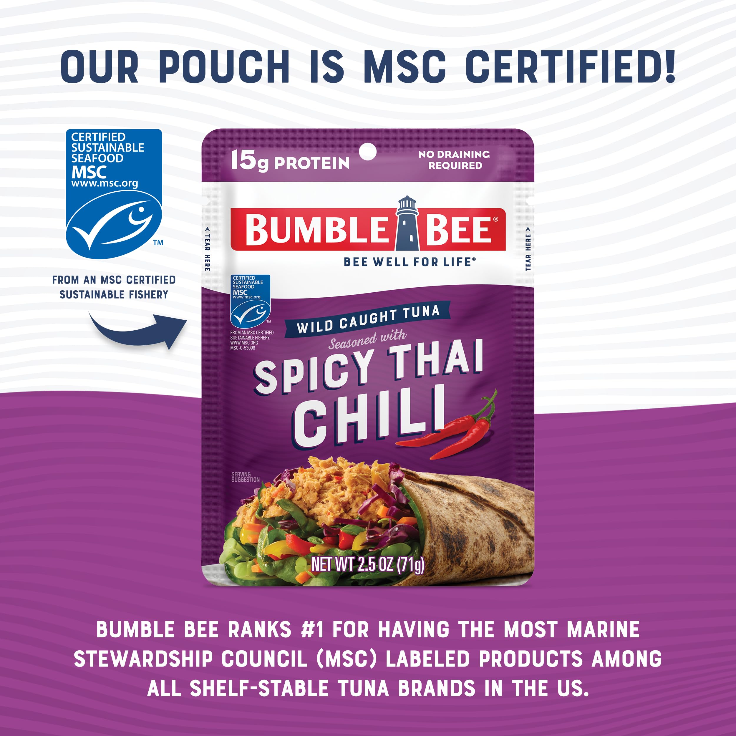 Bumble Bee Spicy Thai Chili Seasoned Tuna, 2.5 oz Pouches (Pack of 12) - Ready to Eat Wild Caught Tuna - High Protein 15g per Serving - Gluten Free & Non-GMO - Perfect for Lunches, Camping & Emergency Food Kits