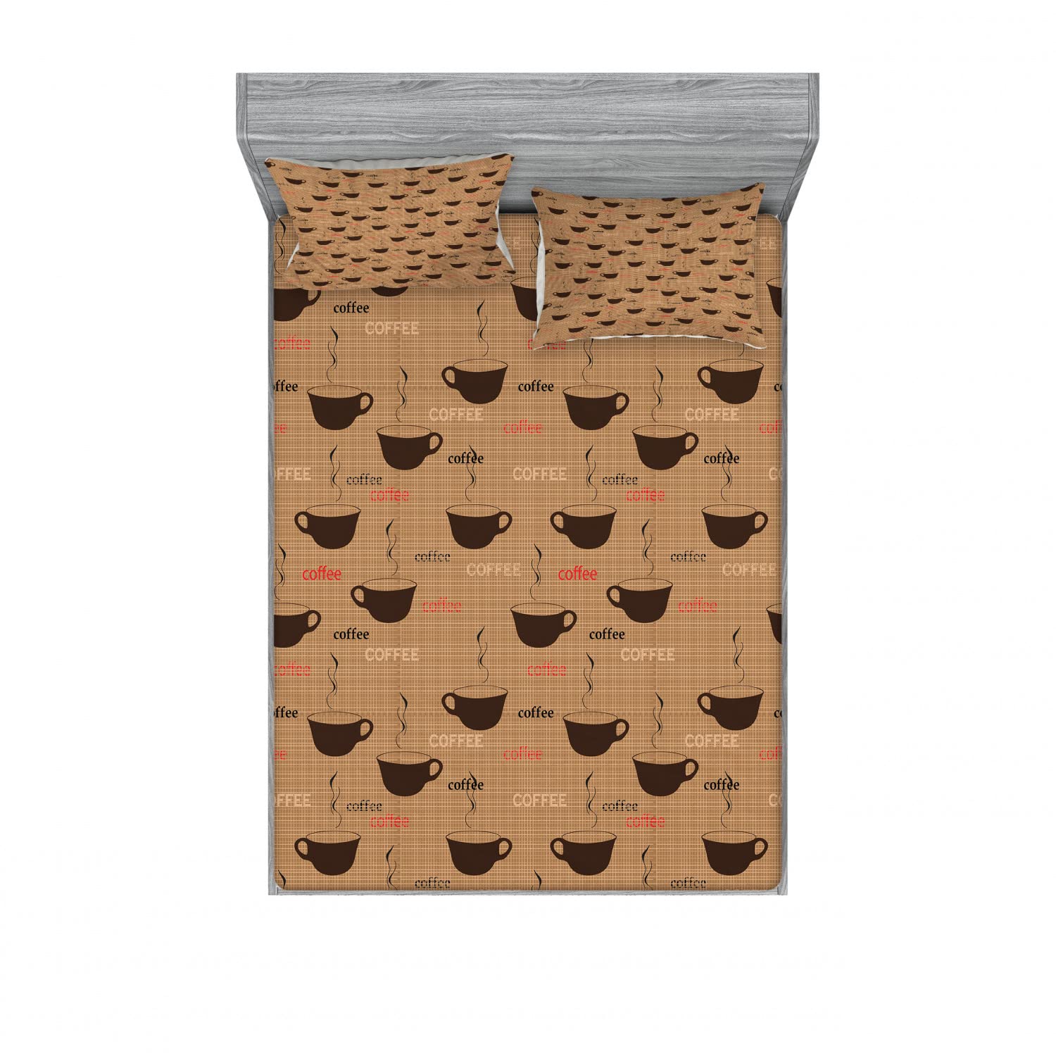 Ambesonne 2-Pack Queen Size Fitted Sheet Set with 4 Pillow Shams - Coffee Cup & Espresso Themed Chocolate Brown Bedding Decor for Kitchen & Dining Room Decorations