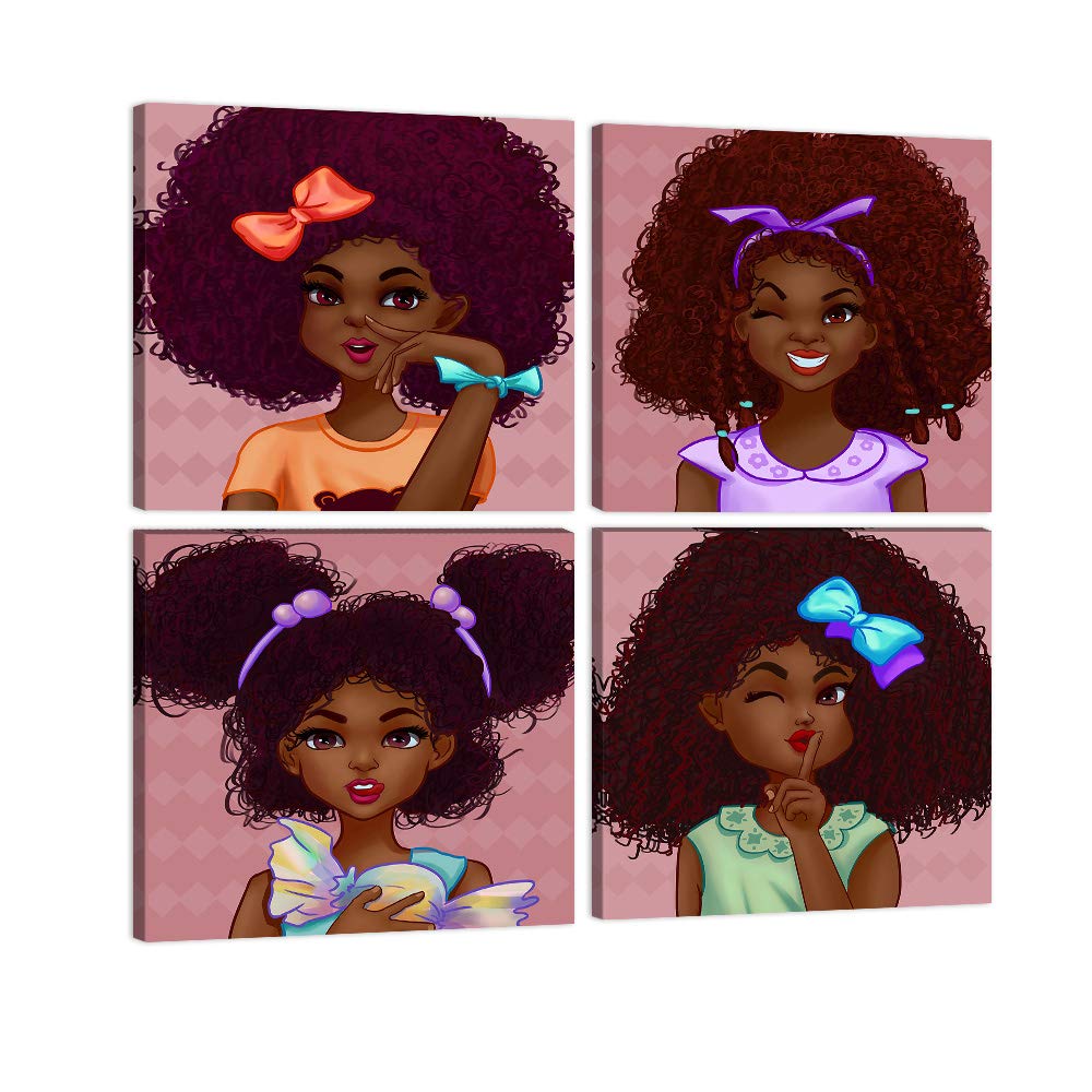 AMEMNY 4-Panel African American Girl Abstract Wall Art Painting - Modern Graffiti Style Canvas Prints for Living Room, Bedroom & Bathroom Decor - Stretched & Framed Ready to Hang (13