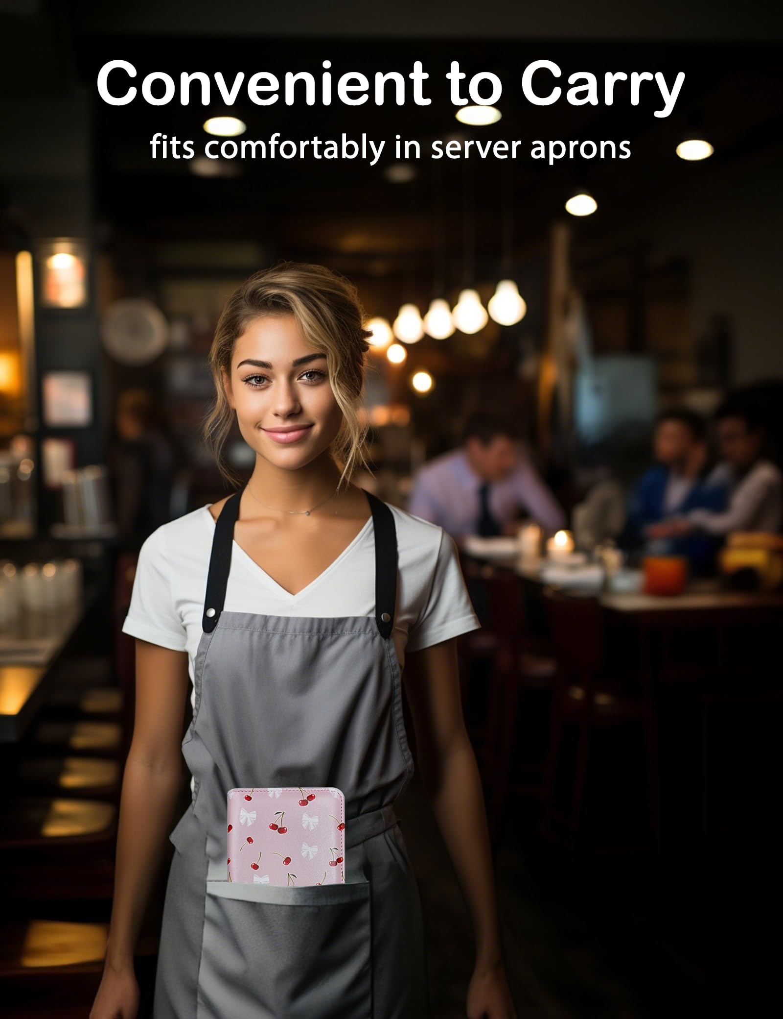 Cute Server Book for Waitress & Waiter - Zippered Leather Waitstaff Organizer with Magnetic Pocket, Cherry Bow Print - Perfect for Restaurants, Bars & Cafes (Pink) | Fits Server Aprons, Holds Orders & Tips Securely