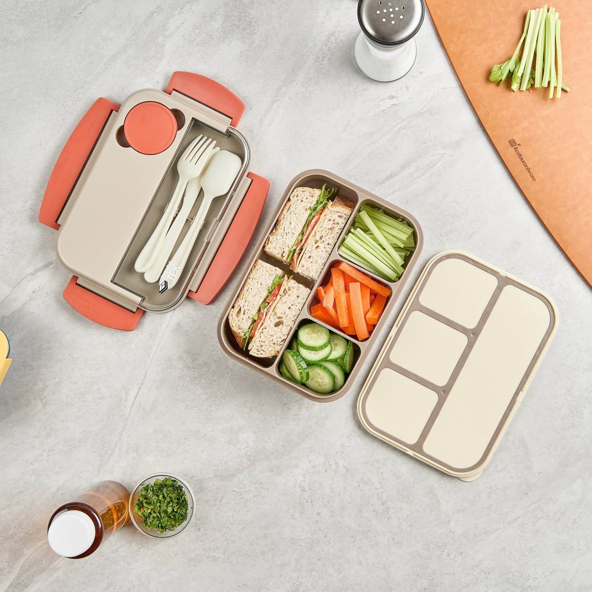 Bento Tek 44oz BPA Free Lunch Box - Microwave Safe Brown & Orange Food Container with Utensils (9x6.5x3.25 Inches) - Perfect for Office, School & Picnic Meals