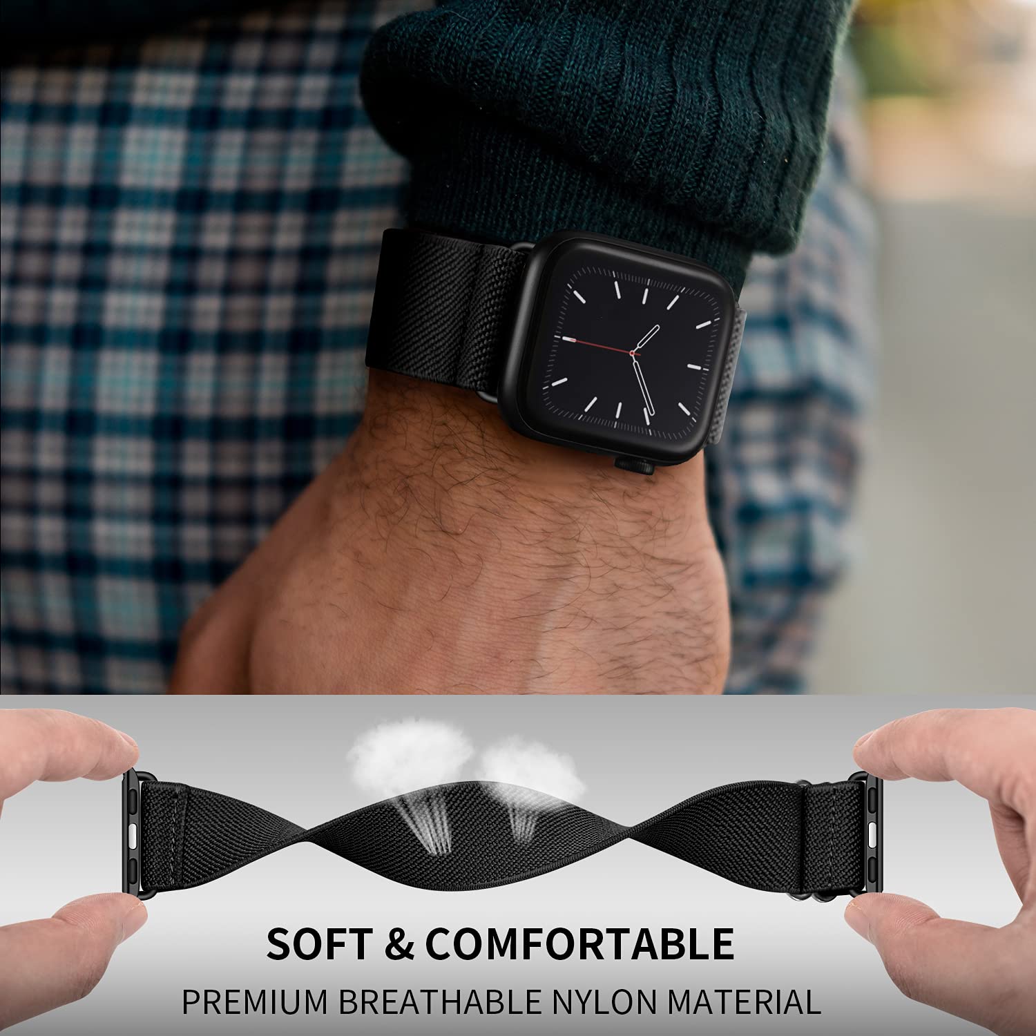 OXWALLEN Metal Connector Stretchy Nylon Solo Loop Band for Apple Watch Series 9/8/7/6/5/4/3 SE Ultra 2/1 (49/45/44/42mm) - Elastic Braided Strap with Stainless Steel Adapter - Perfect for Gym, Running & Everyday Wear (Black)