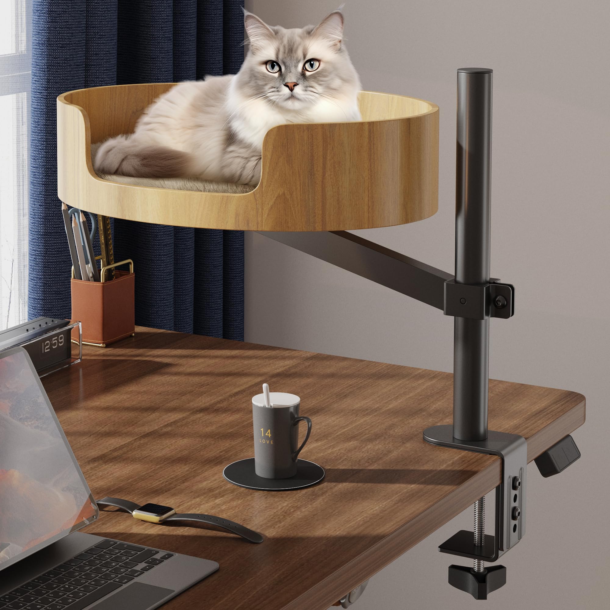Premium Adjustable Height & 360° Rotating Wooden Cat Bed for Indoor Cats – Elevated Desk Nest for Small Spaces, Perfect for Home Office, Study, or Workstation Use