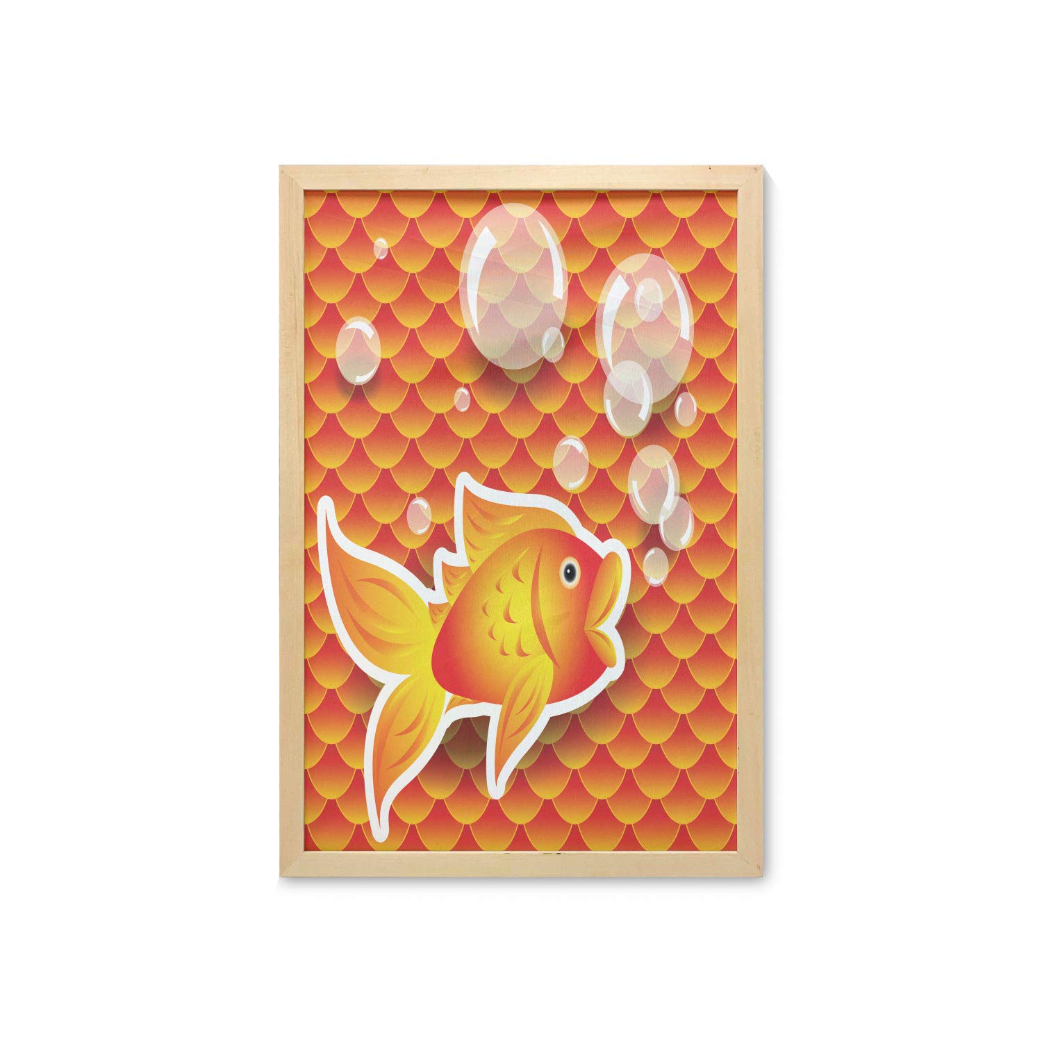 Ambesonne Orange Wall Art with Goldfish & Bubbles Nautical Print - 23x35 Inch Framed Fabric Poster for Bathroom, Living Room, Dorm Decor - Burnt Orange Sea Theme for Coastal & Home Interior Design