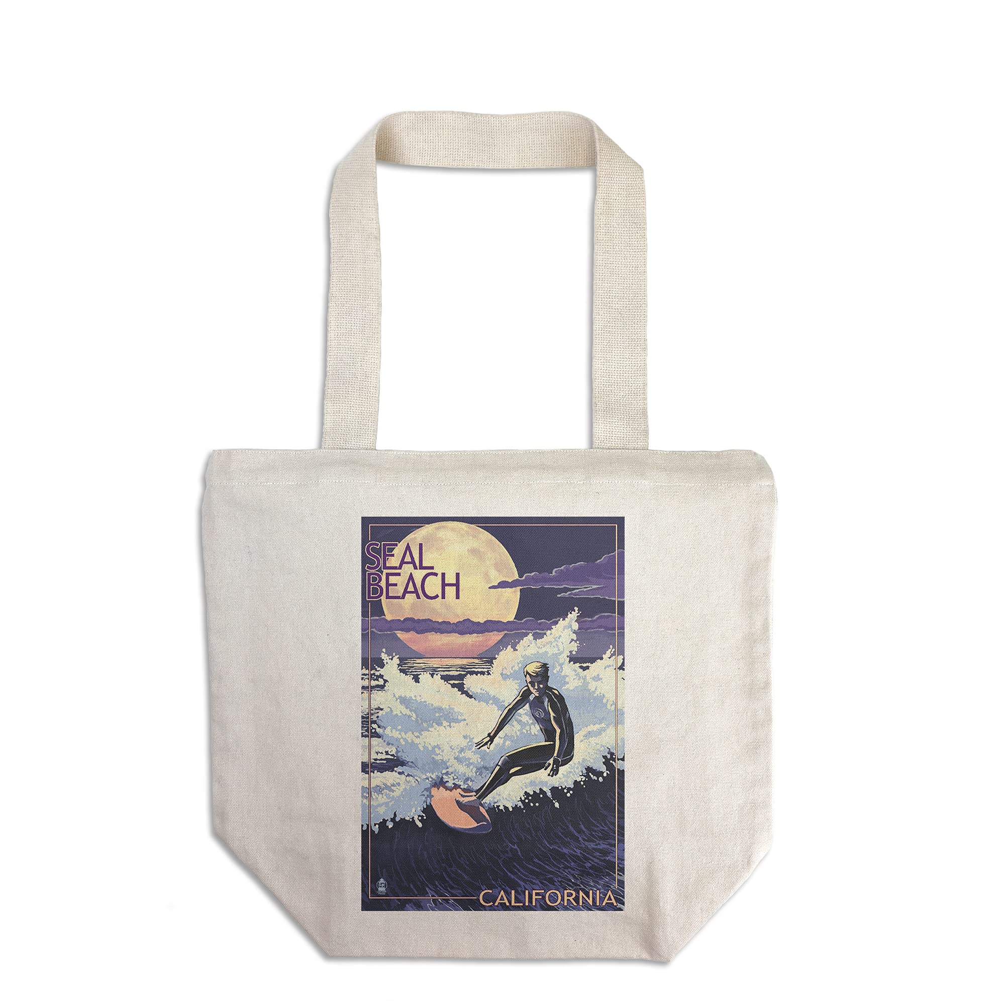Lantern Press Seal Beach California Night Surfer Tote Bag - 100% Cotton Canvas Reusable Shopping Bag for Beach, Grocery & Daily Use