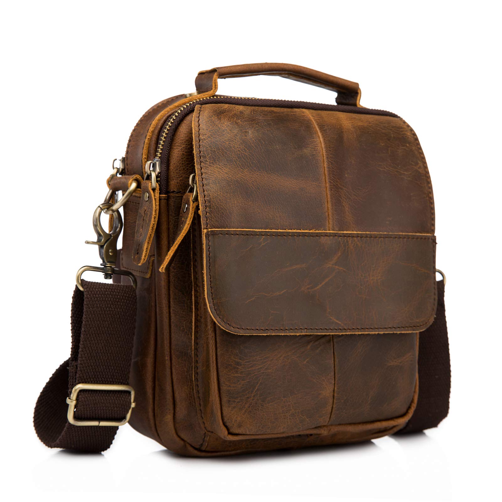 **Men's Genuine Crazy Horse Leather Crossbody Messenger Bag - Durable Shoulder Satchel for 8