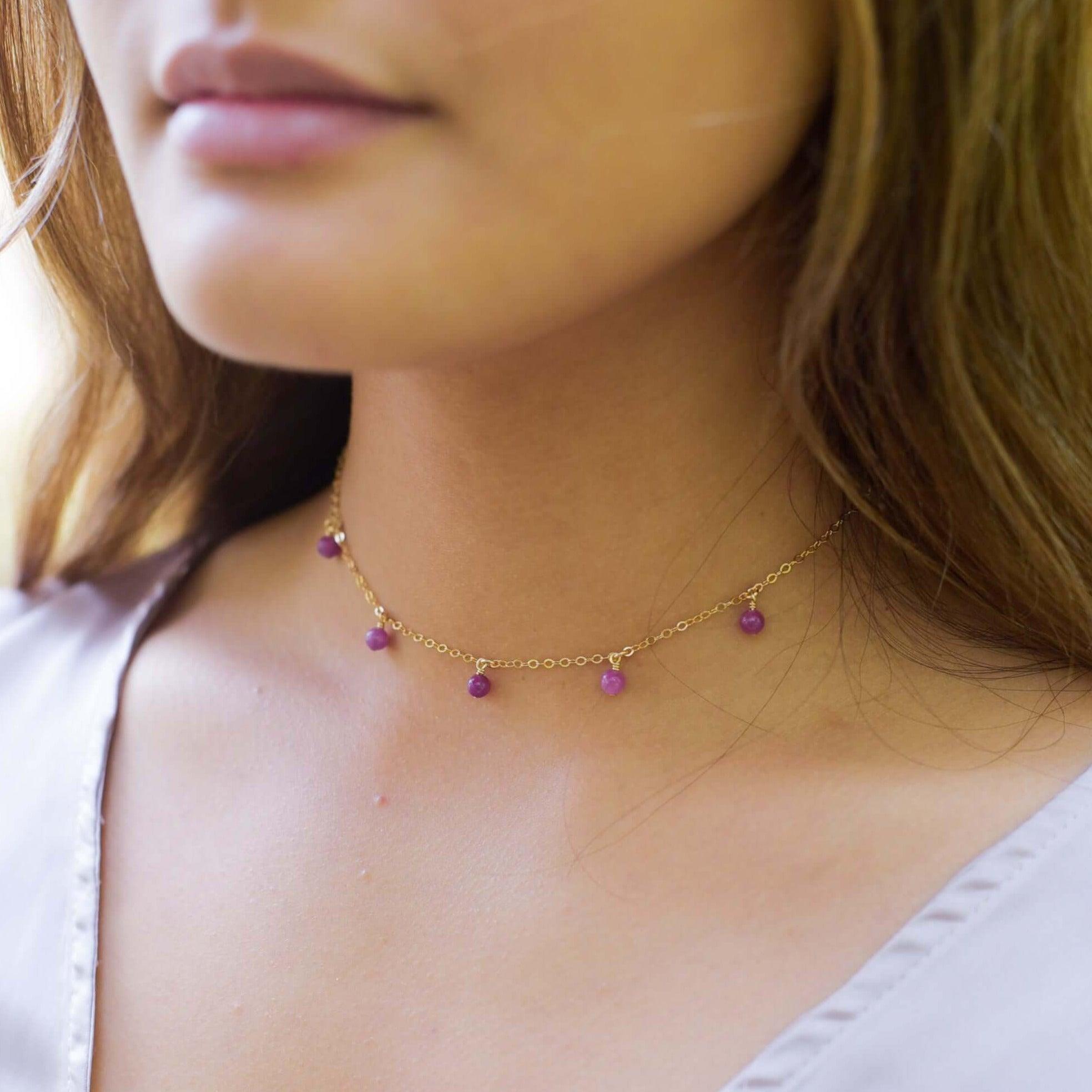 Elegant Ruby Bead Drop Choker Necklace - Dainty Adjustable Chain for Women | Perfect for Evening Parties, Weddings & Date Nights