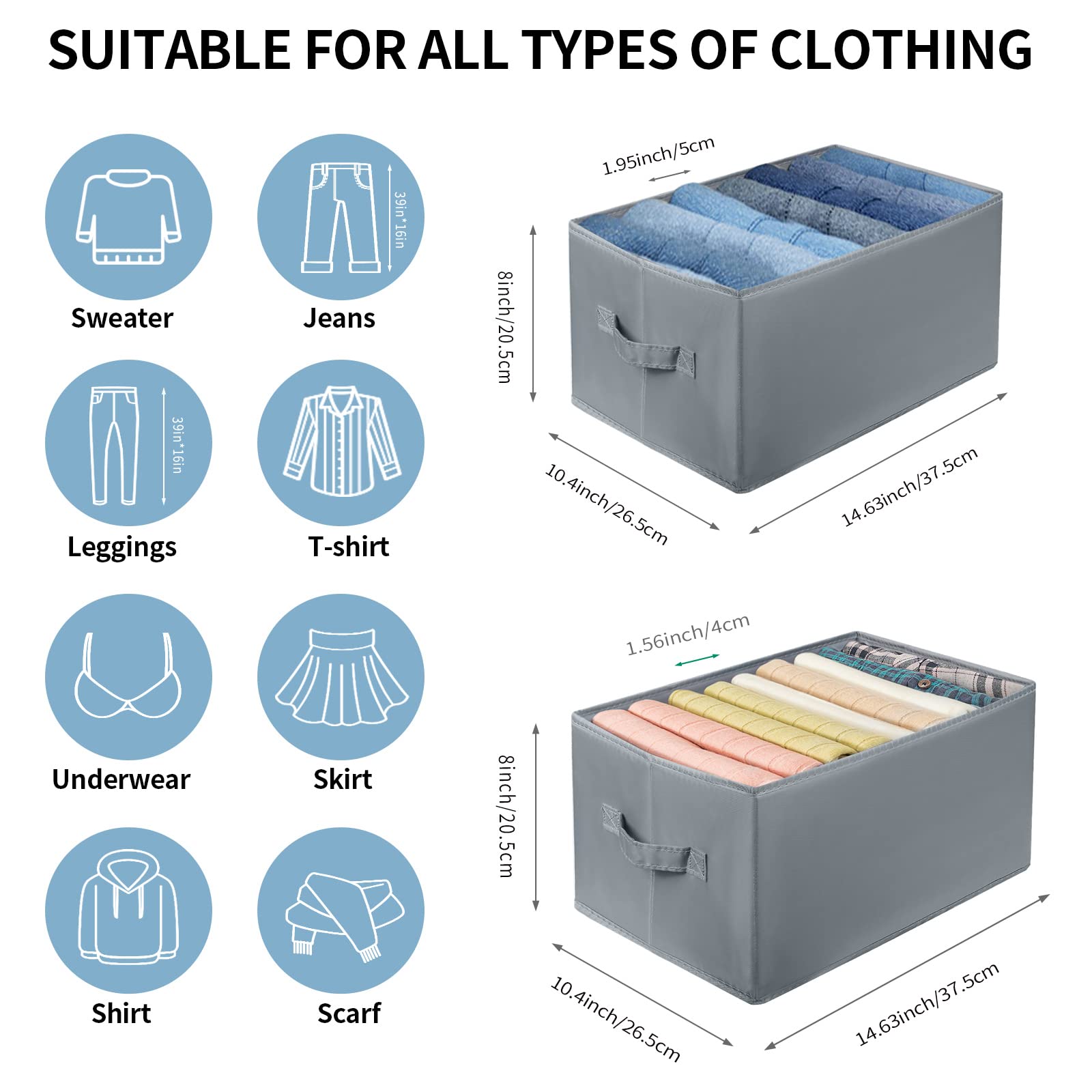 Foldable 7 & 9 Grids Drawer Organizer for Clothes - Wardrobe Storage with Support Board & Handle - Perfect for Jeans, T-shirts, Pants, Leggings & Skirts (2Pcs) - Ideal for Bedroom, Closet & Travel Organization