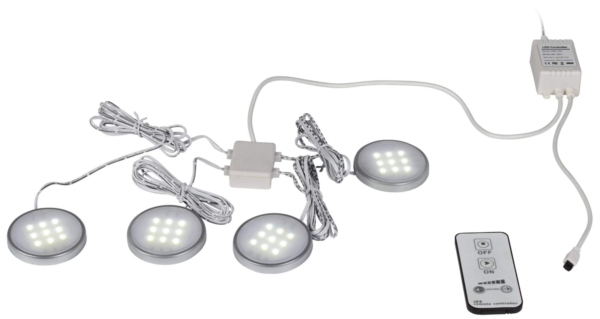 4-Pack Silver LED Puck Light Kit with Remote Control - 360° Adjustable Dimmable Under Cabinet Lighting for Kitchen, Closet & Staircase