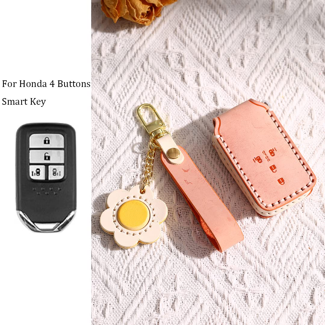 HIBEYO Genuine Leather Car Key Fob Cover for Honda Accord Civic CRV Odyssey - Premium Key Case Shell with Keychain (4 Buttons, Orange) | Perfect Key Protection & Style Accessory for Daily Driving & Travel